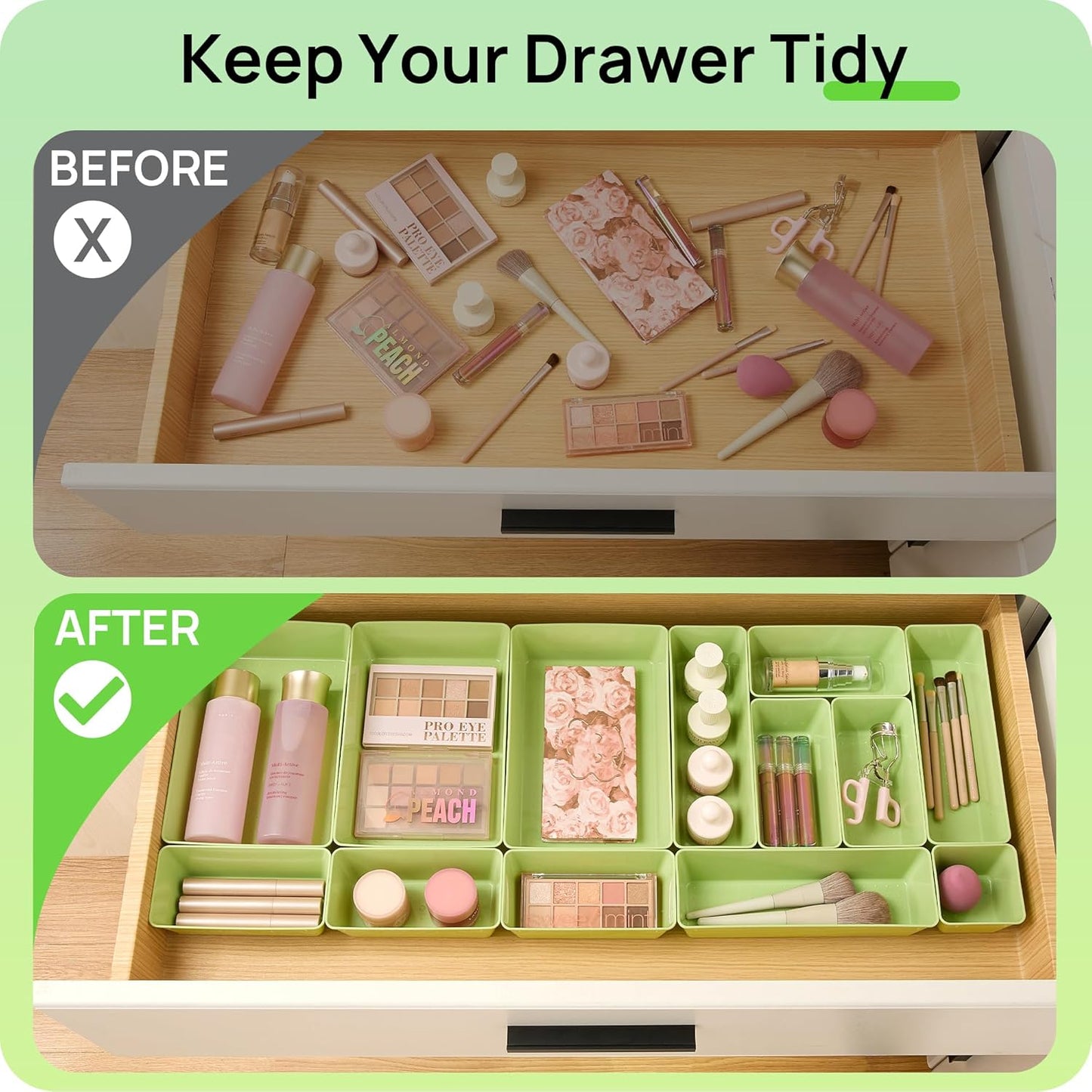 Vtopmart 25 PCS Plastic Drawer Organizers Set, 4-Size Versatile Bathroom and Vanity Drawer Organizer Trays, Storage Bins for Makeup, Bedroom, Kitchen Gadgets Utensils and Office