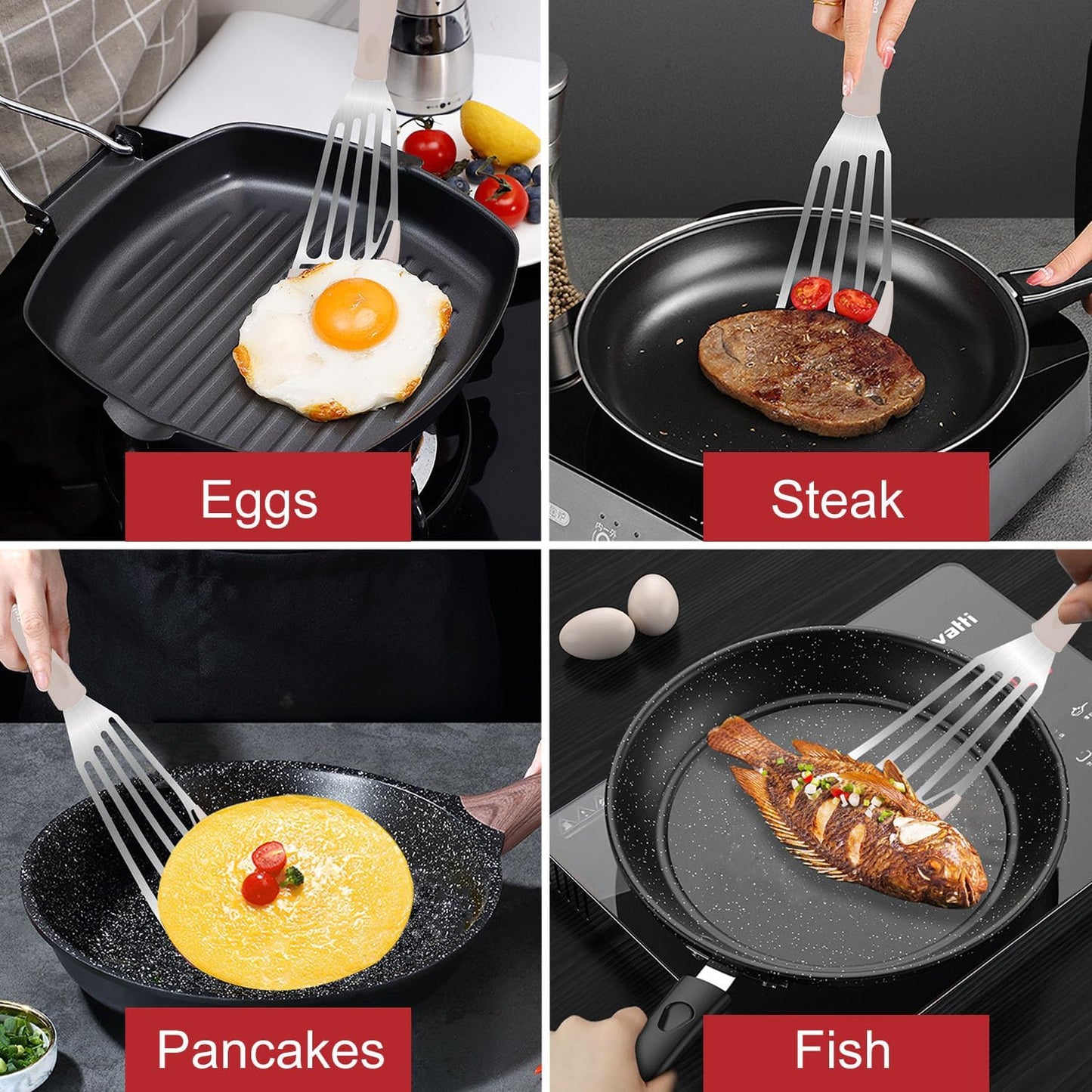 Beijiyi Silicone Fish Spatula Set, 2-Piece Heat Resistant Fish Turner Spatula for Non Stick Frying Pan, Flexible Kitchen Cooking Utensils, Slotted Egg Flipper, Large 12.3 In, Small 10.6 In, Khaki