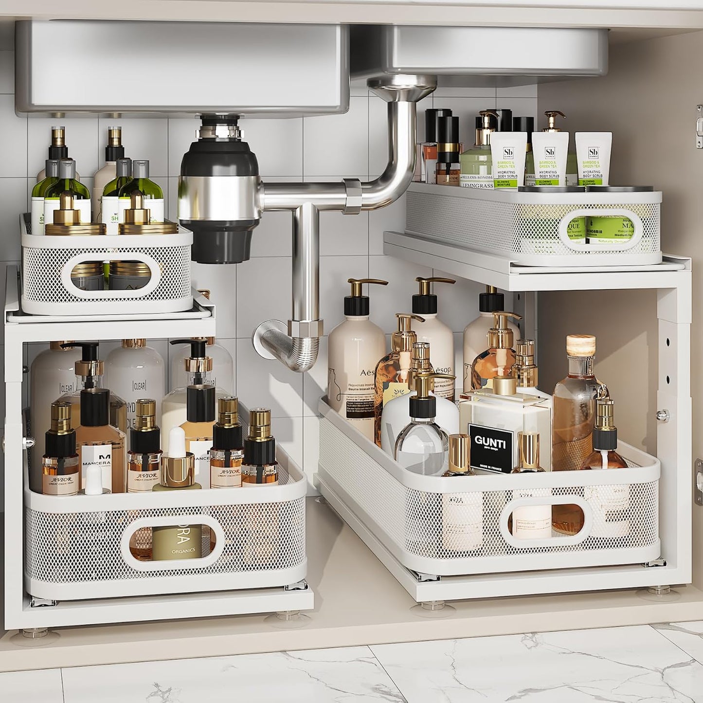 2 Pack 18.5IN-Depth Under Sink Organizer With Next-Gen Ball-Bearing Slides,2-Tier Precision Mesh Pull Out Cabinet Storage for Bathroom&Kitchen,Height Adjustable Drawers Shelf,Anti-rust-White