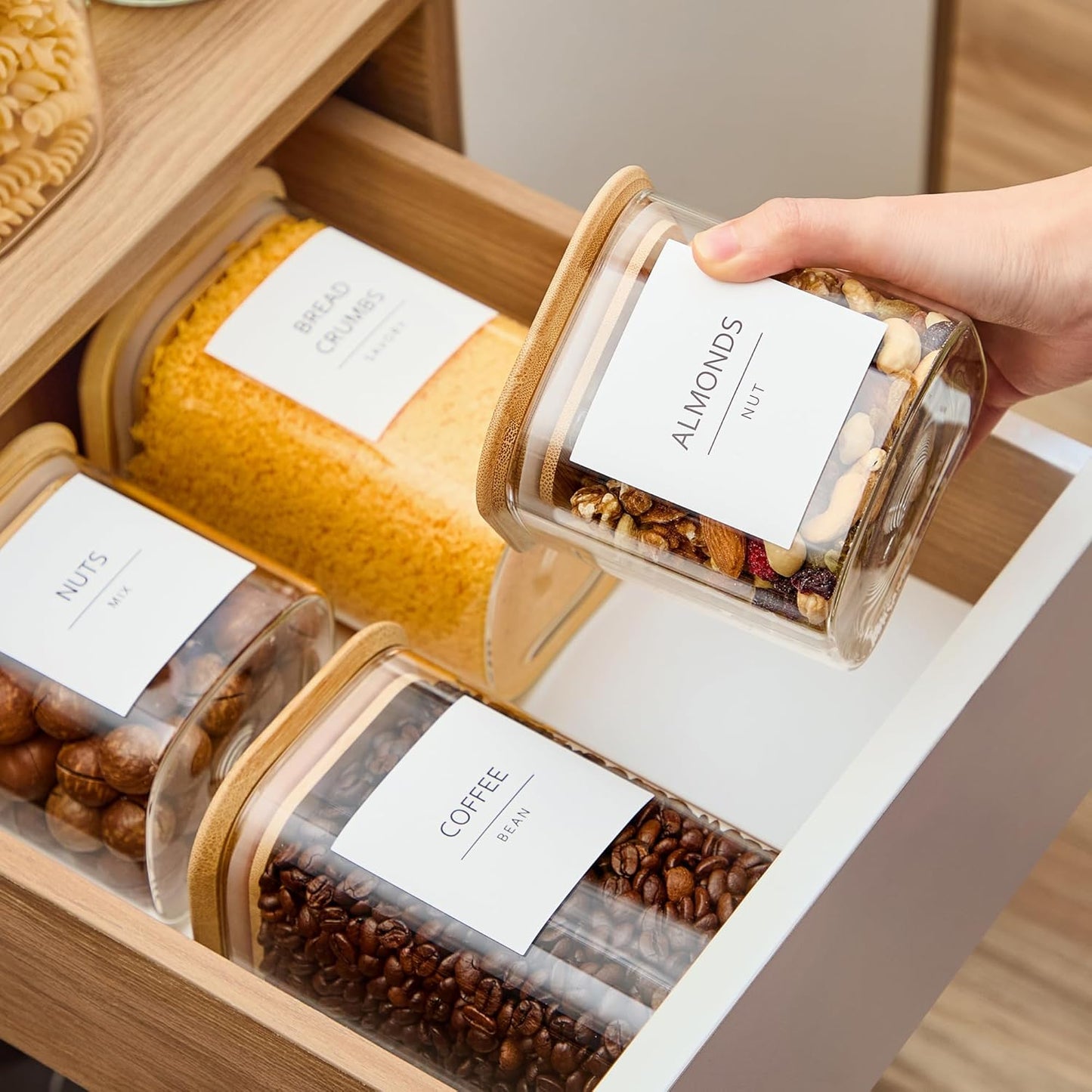 Talented Kitchen Square Glass Food Storage Containers - Airtight & Labeled Glass Kitchen Storage Containers - Space-Saving Stackable Square Pantry Jars - Pack of 6, 24/37/51 fl oz