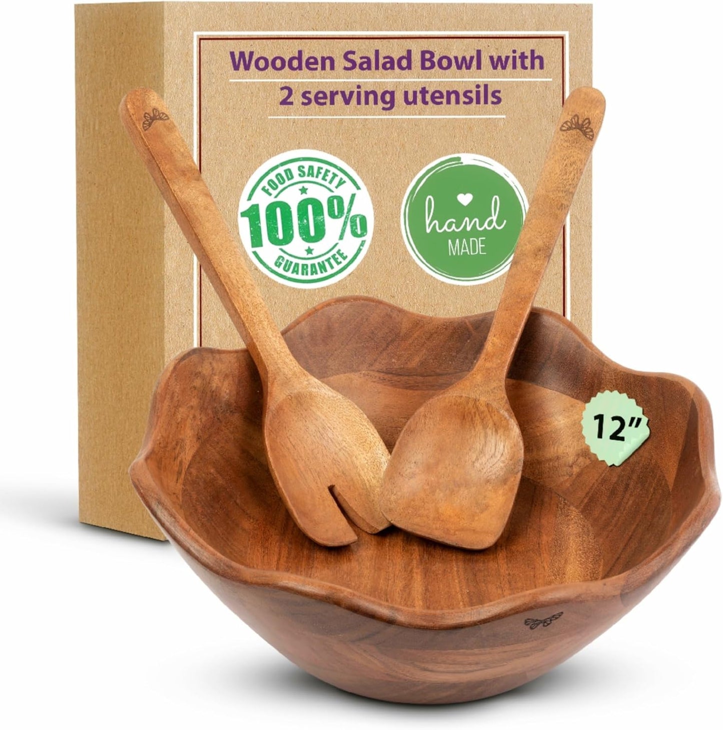 Melvvi Large Wooden Salad Bowl Set with 2 Small Bowls and 2 Serving Utensils | 12" & 6" Acacia Wood Bowls for Food | Great Gift for Kitchen & Dining (Natural Set of 5) (Natural Set of 3)