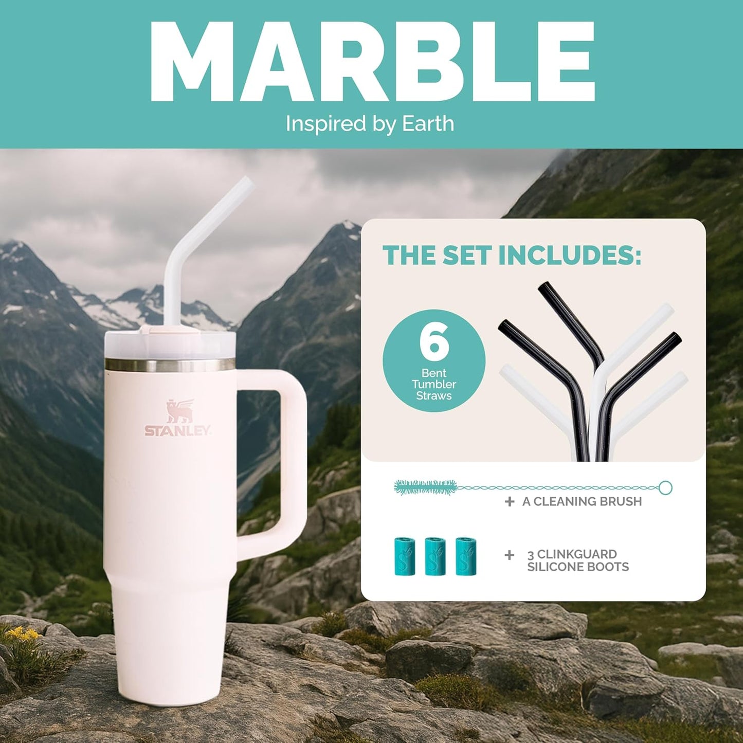 Simply Straws 12 Inch Glass Straws Bent (6-Pack) – Reusable Glass Straws for Stanley 40 Oz Tumbler, with Cleaning Brush – Durable, Dishwasher Safe, Hot & Cold Use, BPA-Free (Marble)