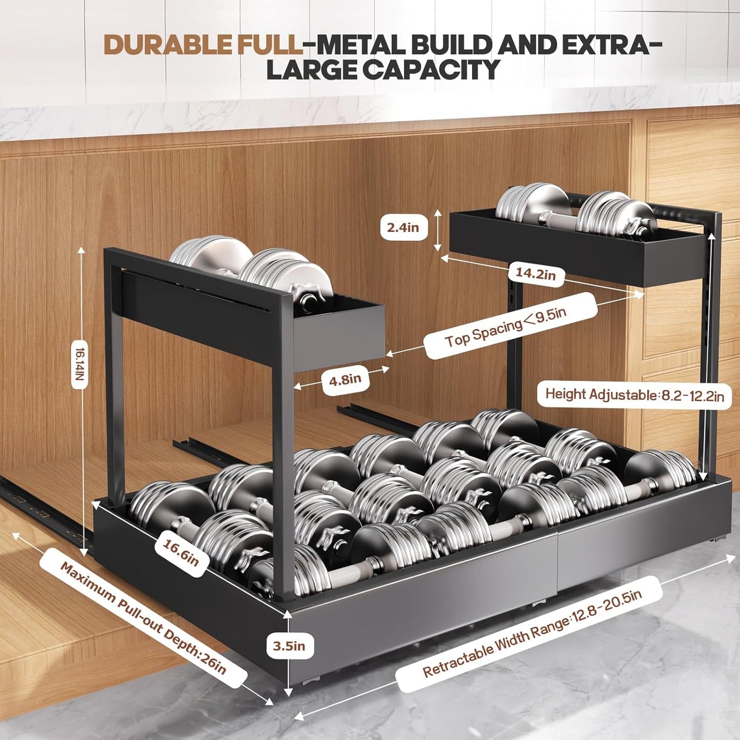 Expandable Under Sink Organizer with 3 Ball-Bearing Slide Rails , 2-Tier Pull-Out Under Cabinet Storage Shelf for Kitchen & Bathroom , Height-Adjustable Slide-Out Cabinet Drawer （Black, 1-Pack）