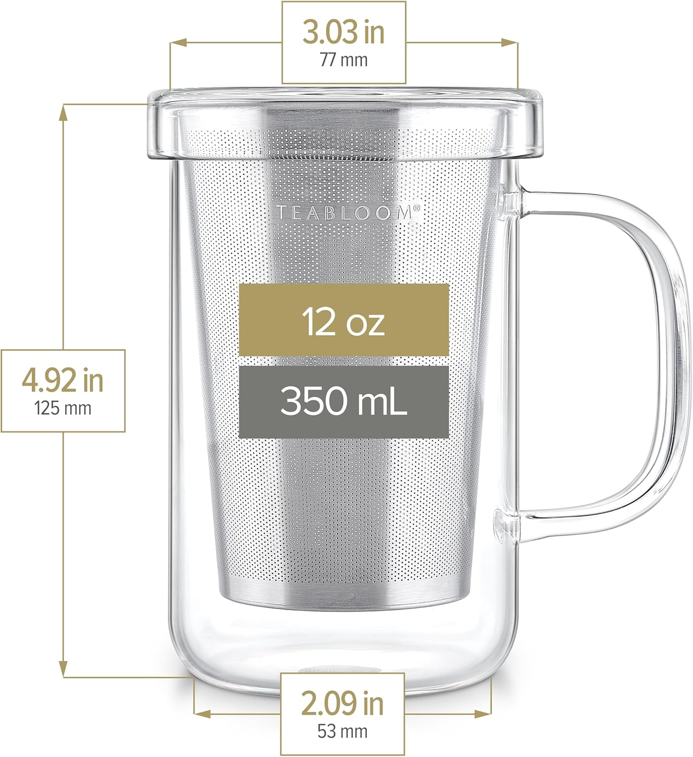 Teabloom Premium Borosilicate Glass Mug with Stainless Steel Loose Leaf Tea Infuser and Lid/Dish - 12 Ounces (350 mL)