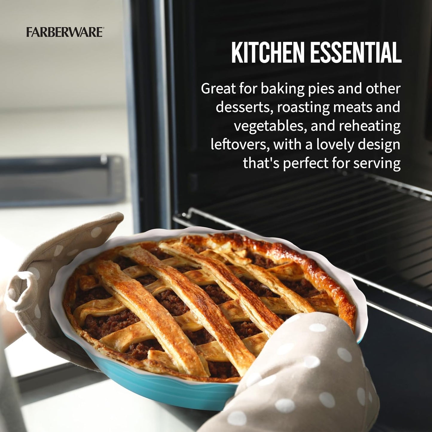 Farberware Bakers Advantage Durable Stoneware Ceramic Pie Dish, Ideal for Making Sweet and Savory Dishes, Heat Resistant, 10 Inch, Teal