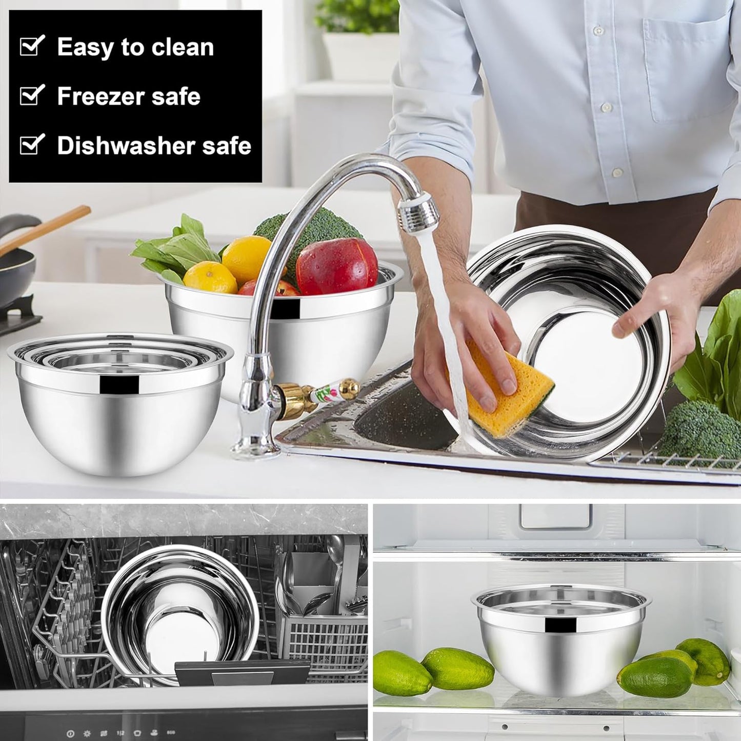 E-far Mixing Bowls with Lids, 12-Piece Stainless Steel Salad Bowls Metal Nesting Bowls for Baking Cooking and Prepping, Airtight Lids & Stackable Design, Size 7, 4.5, 3, 1.5, 1.2, 0.7 QT (Black)