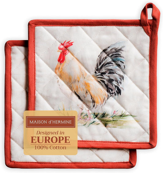 Maison d' Hermine Pot Holders Set 100% Cotton Heat Resistant Potholders 8" x 8" Hot Pads with Loop BBQ, Cooking, Baking, Grilling, Kitchen, Handling Hot Pans Spring/Summer (Pack of 2, Campagne)