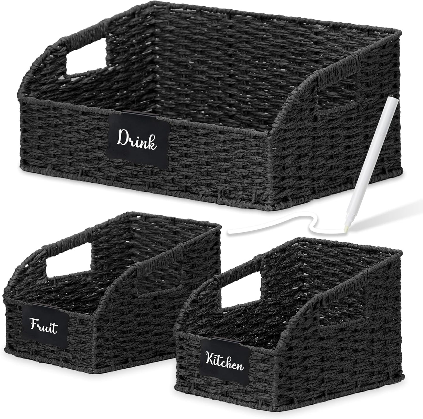 Wicker Baskets for Organizing,Pantry, Kitchen Counter with Handles, Handwoven Woven Storage Baskets for Fruit, Bread, Vegetable, Paper Storage Bins for Shelves, 3 Pack, Black