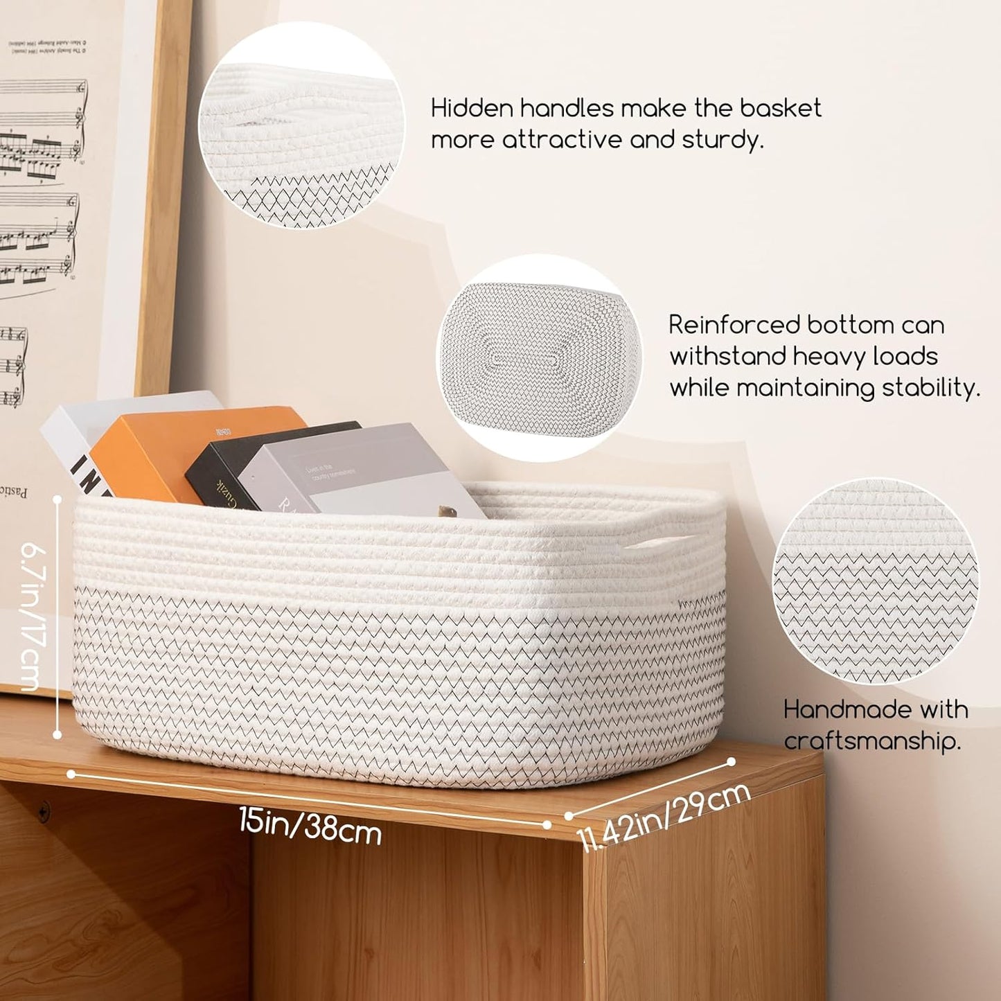 Storage Baskets for Organizing 3 Pack, Woven Baskets for Shelves, Closet Organizer Bins Empty Gift Basket Toy Storage for Toys, Books, Towels, Clothes, 15"x11.42"x6.7", White & Black