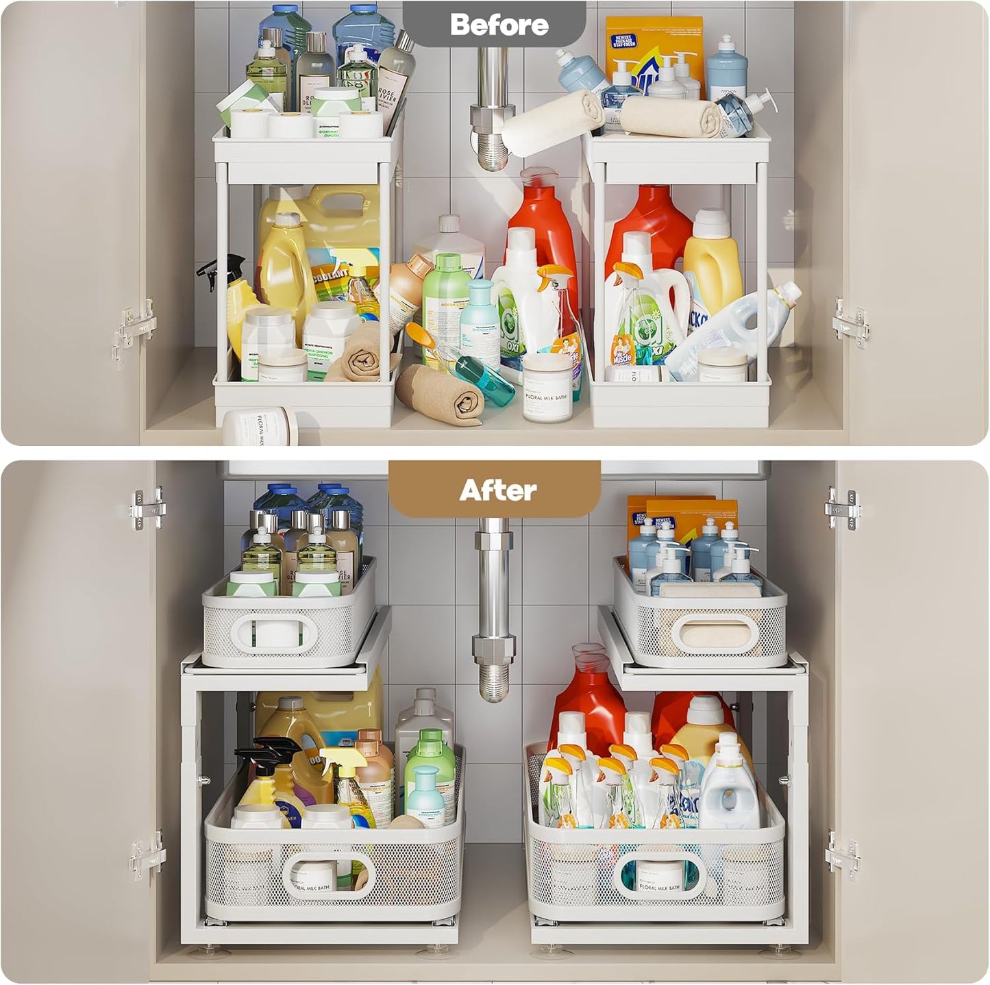 2 Pack 21IN-Depth Under Sink Organizer With Next-Gen Ball-Bearing Slides,2-Tier Precision Mesh Pull Out Cabinet Storage for Bathroom&Kitchen,Height Adjustable Drawers Shelf,Anti-rust-White