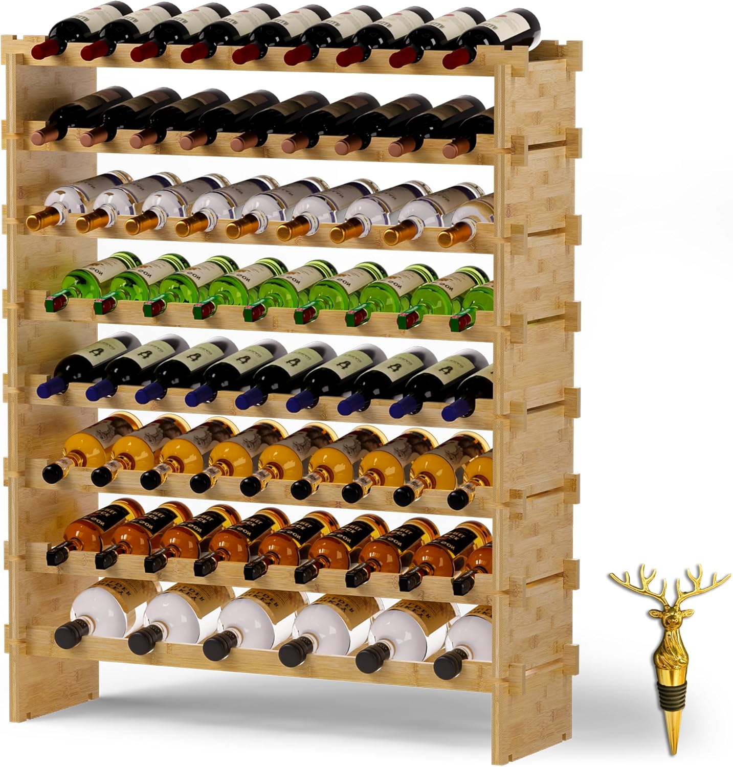 Wine Rack Freestanding Floor, Bamboo 8-Tier 69 Wine Bottle Holder Racks Countertop Cabinet Display, Wooden Stackable Modular Wine Storage Organizer Shelves for Kitchen Bar Cellar Dining Room Natural