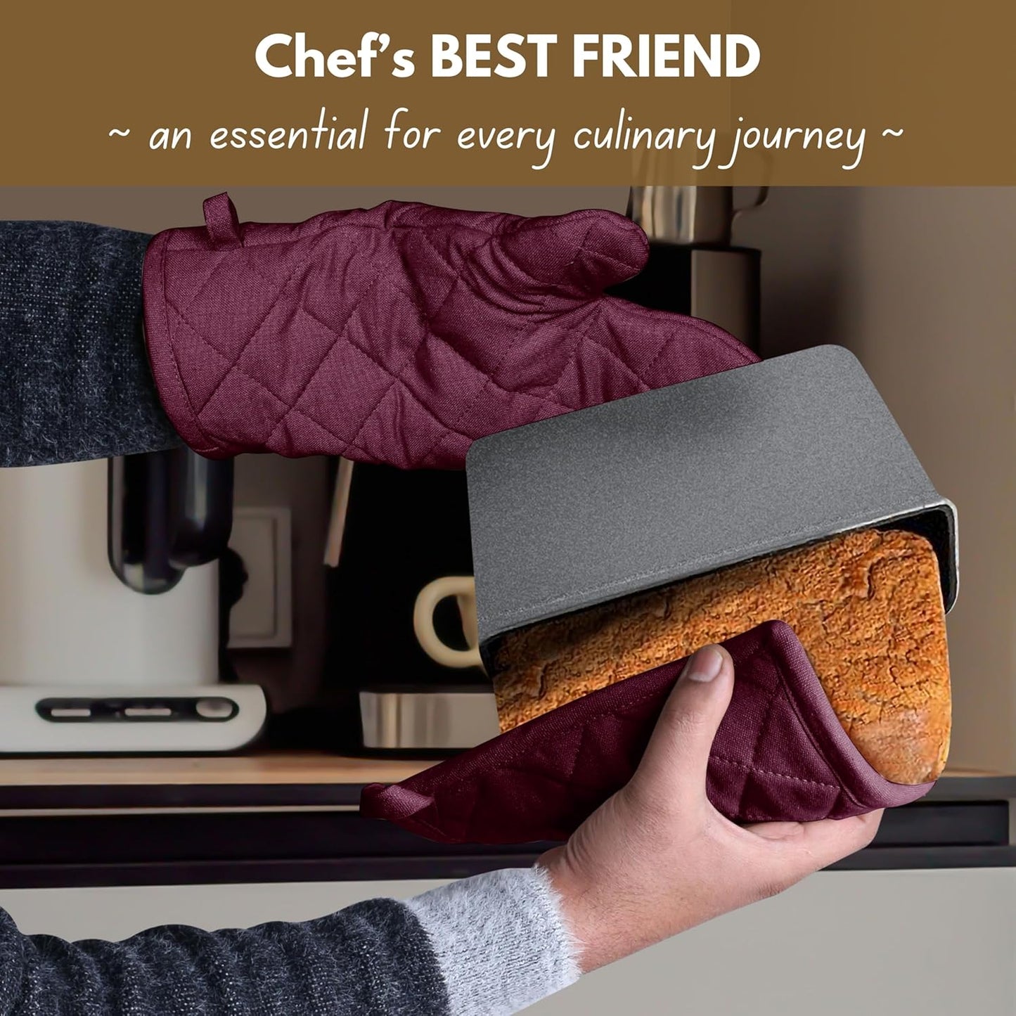 Native Fab 4 Piece Set - 2 Oven Mitts & 2 Potholders, Heat Resistant, 100% Cotton, Quilted Design, Non-Slip Grip, Machine Washable, Ideal for Baking, Cooking, BBQ, Kitchen Protection - Burgundy Wine