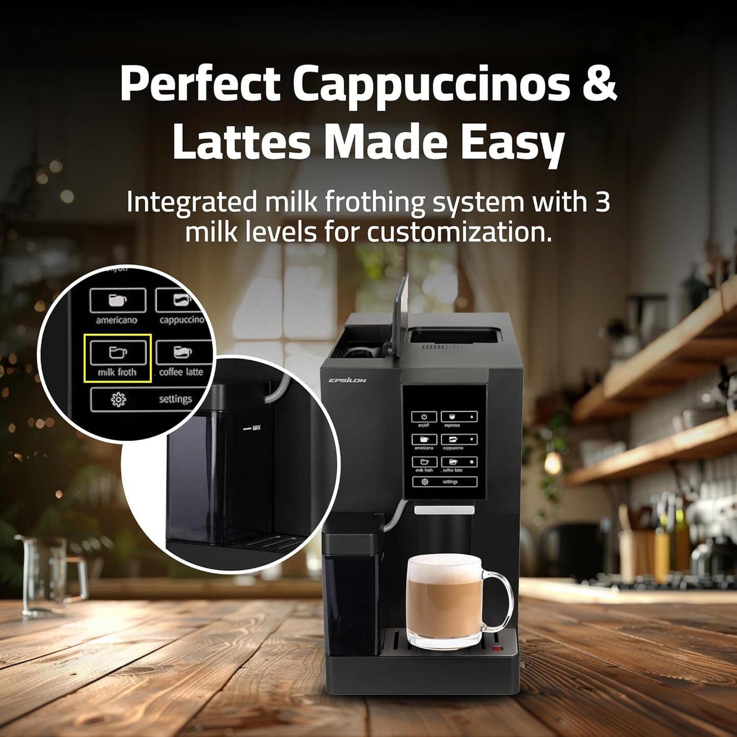 Epsilon Fully Automatic Coffee Machine with Grinder, Coffee & Espresso Maker Combo, Built-In Milk Frother, One Touch Self Cleaning, Super Automatic Custom Brewing Coffee Machine