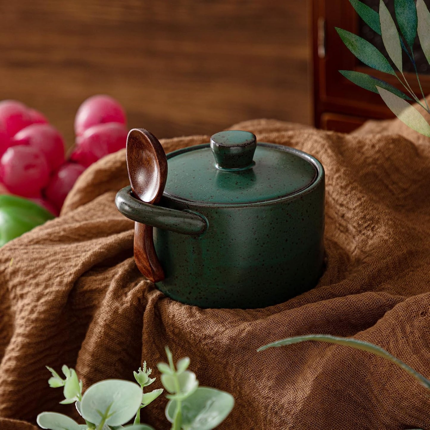 Honeydak Speckled Ceramic Salt Cellar with Lid and Wooden Spoon, Rustic Farmhouse Salt Pepper Cellar Holder for Housewarming Gift, Heavyweight Spices Jar for Kosher, Sea, Sugar (Dark Blue)