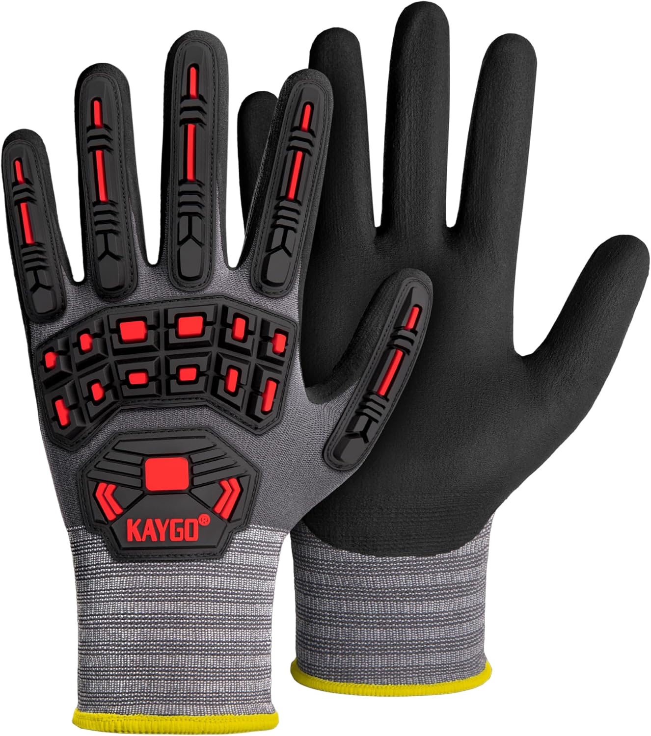 KAYGO Impact Reducing Work Gloves for Men,3 Pairs KG18N TPR Safety Work Gloves MicroFoam Nitrile Coated, Seamless Knit Nylon, Ideal for General Purpose, L