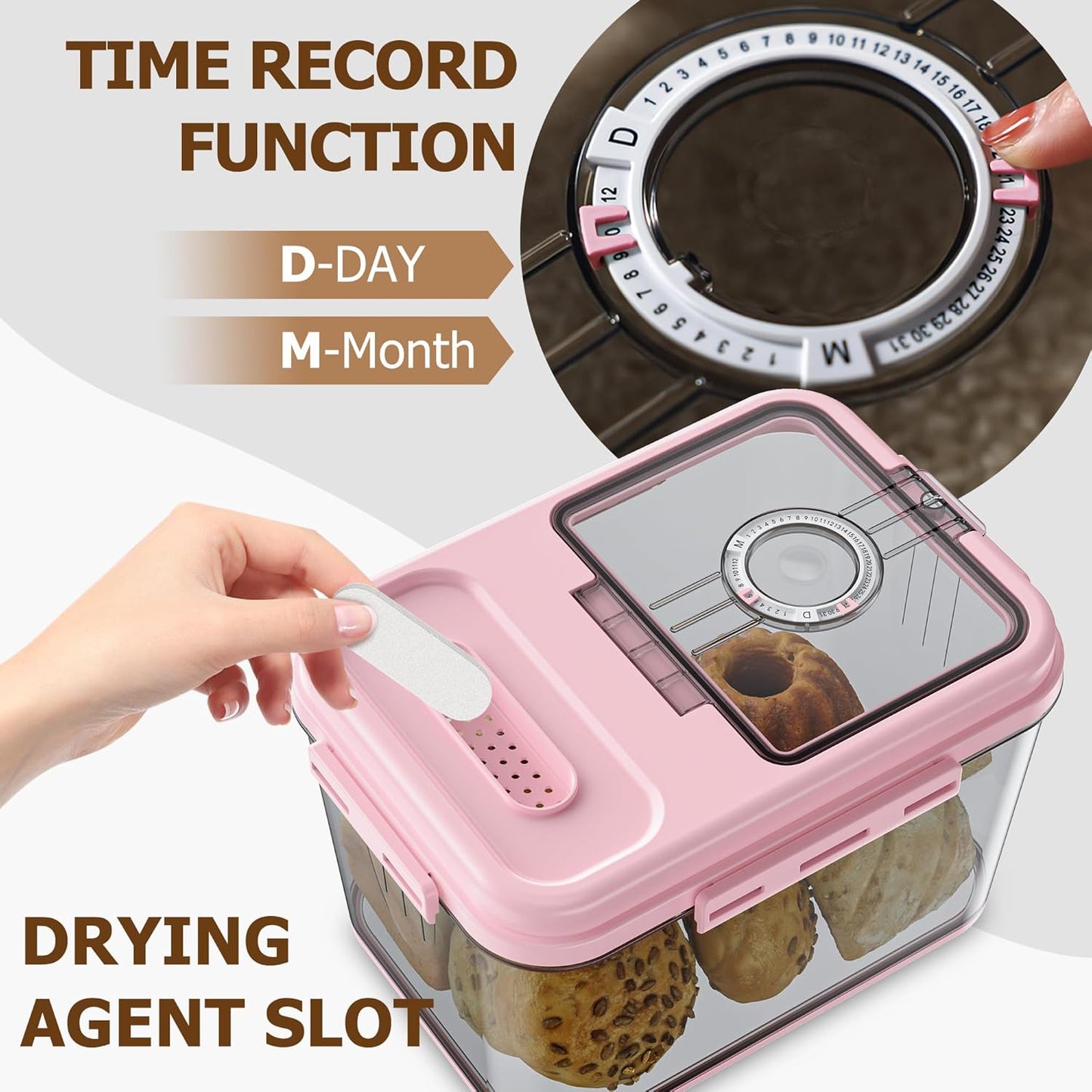 Bread Box, Airtight Braed Storage Container, Bread Box For Kitchen Countertop, Time Recording Bread Storage with Lid, Flip-Top Bread Keeper, Pink