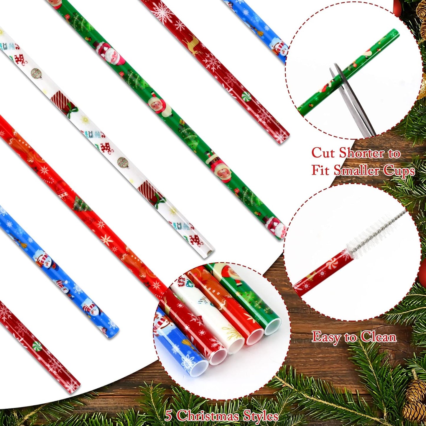 JANYUN 30 Pieces Christmas Drinking Straws BPA-Free 9inch Printing Hard Plastic Reusable Straws Xmas Balls Snowflake Elk Straw for Family Party Favors Supplies Cleaning Brush