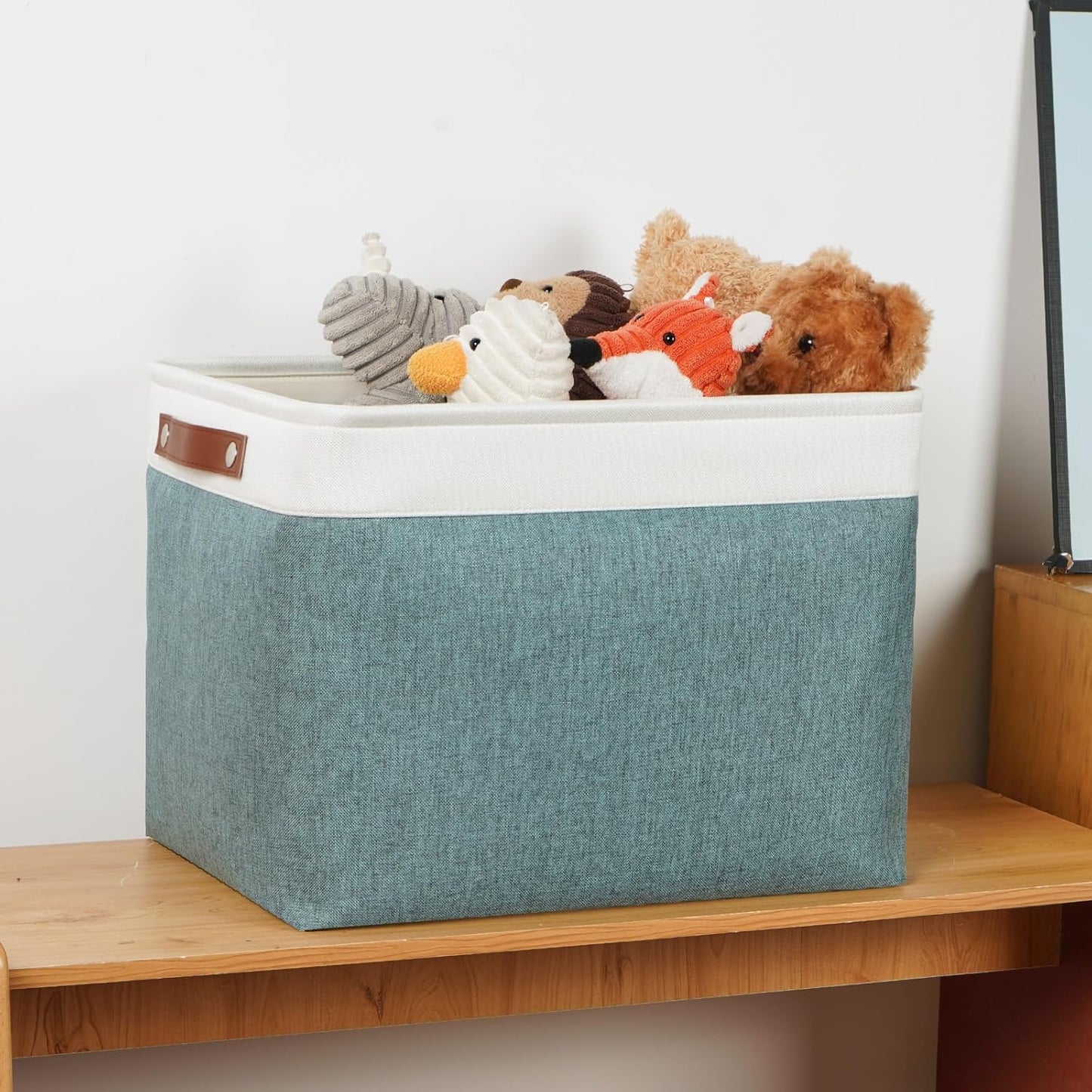 DULLEMELO Large Storage Baskets, Storage Basket with Handles for Shelves, Linen Closet Organizers for Home Office, Decorative Storage Baskets for Toys Storage (3 Pack, White&Deep Green)