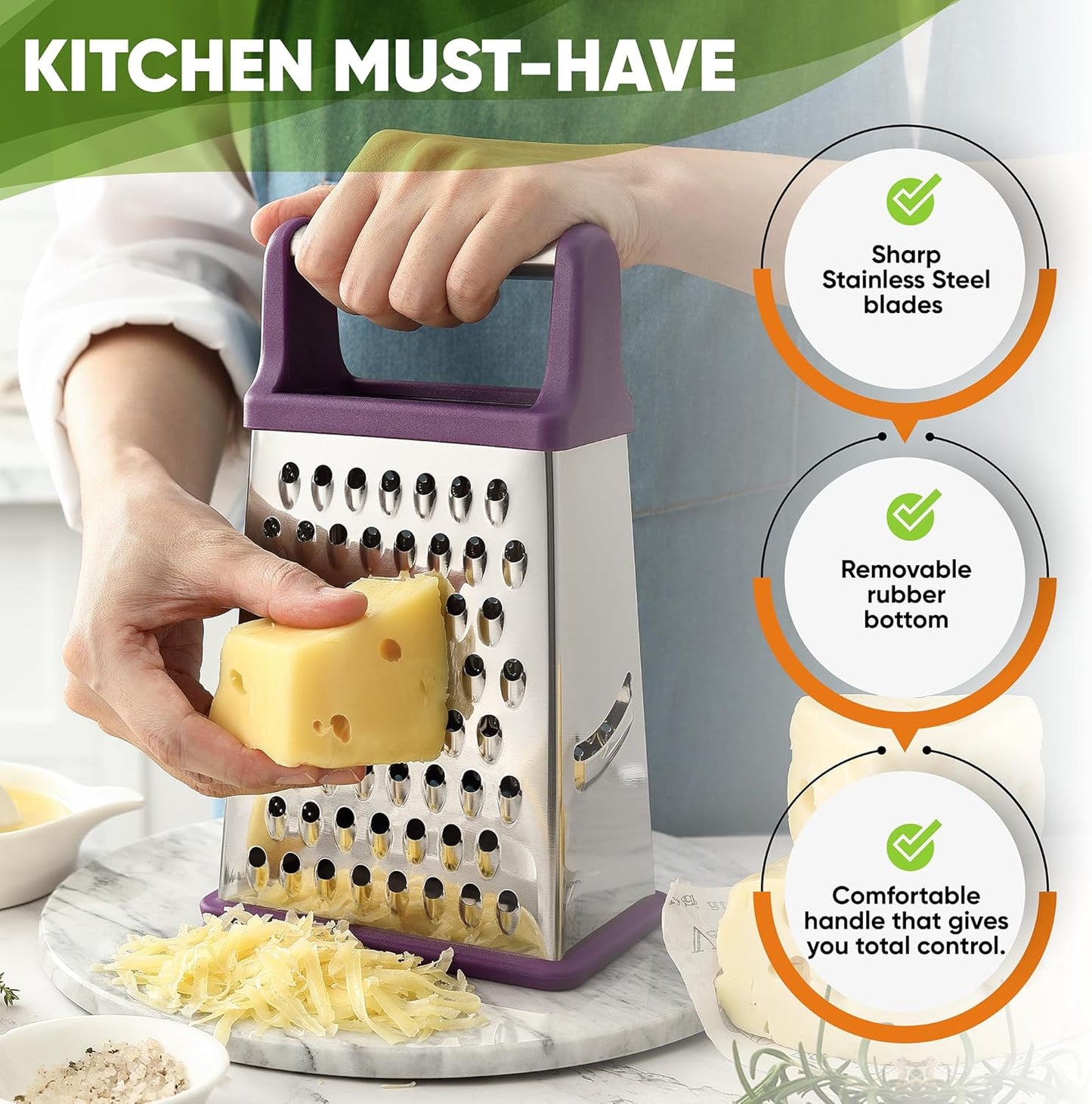 Spring Chef Purple Professional Stainless Steel XL Parmesan Cheese Grater with Handle - Manual Box Grater for Kitchen, 4 Sides, Dishwasher Safe Food Shredder for Vegetable, Potato, Hard Cheese, Carrot