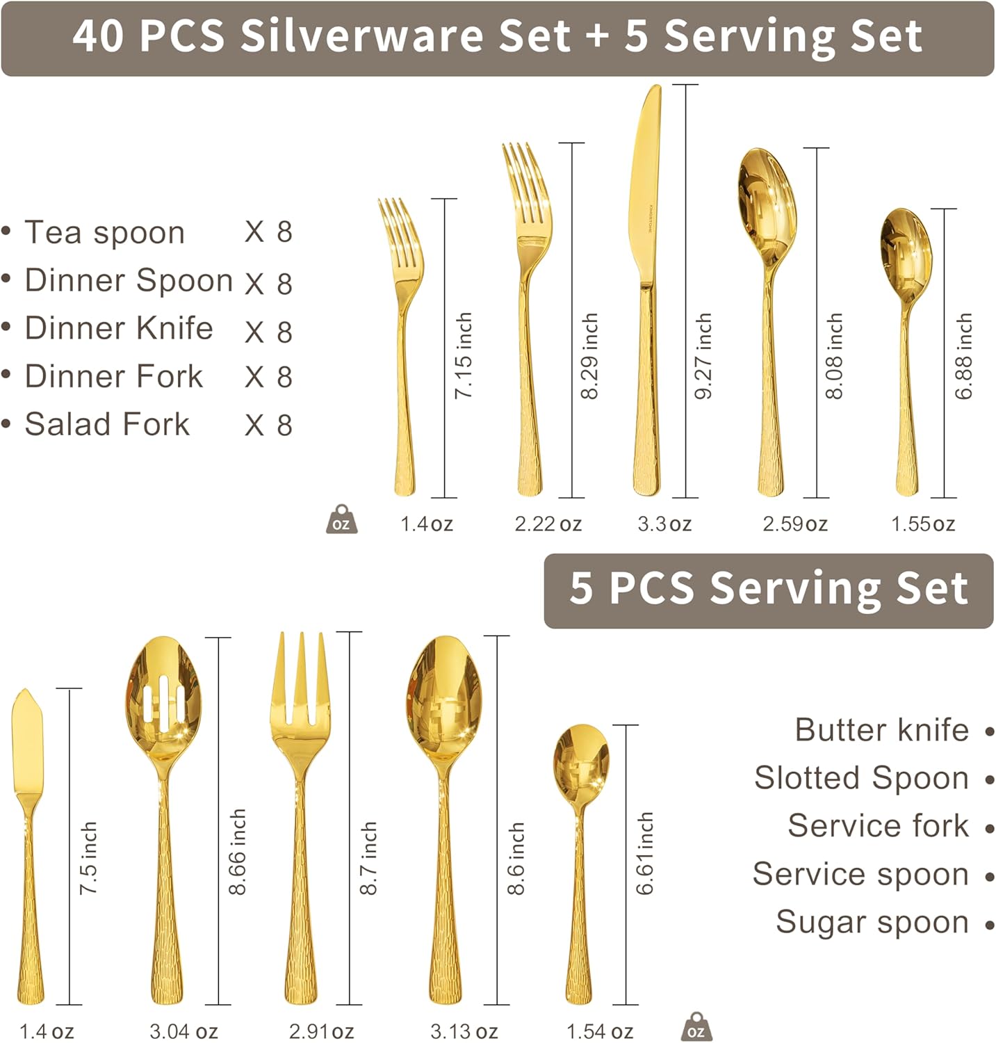 KINGSTONE Gold Hammered Silverware Set, Flatware Set with Serving Utensils, 18/10 Stainless Steel Premium Cutlery with Unique Ripple Handles Design Mirror Polished - Dishwasher Safe (45-Piece)