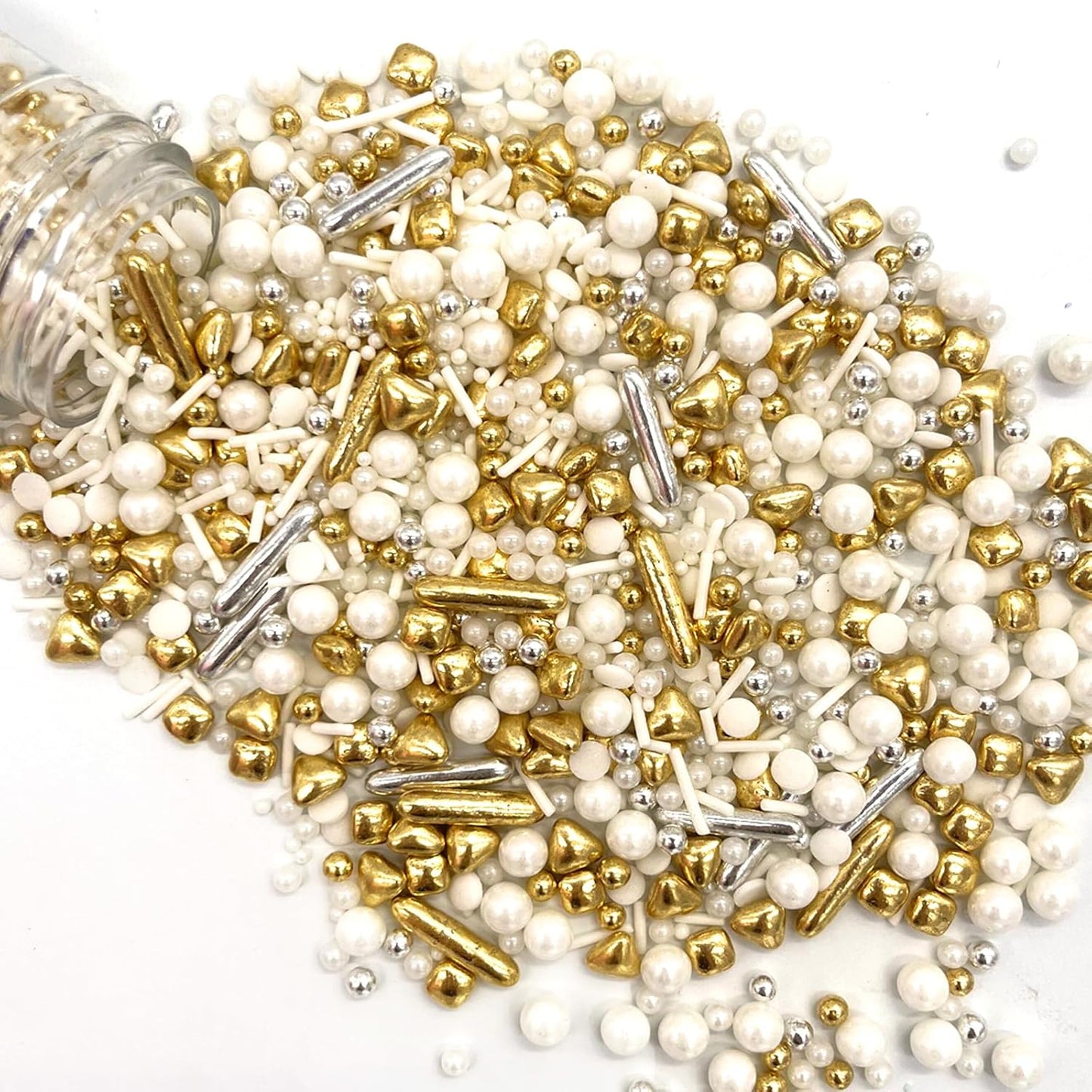 Weraru White Deluxe Gold Sprinkles Candy Mixing Size Baking Edible Cake Decorations Cupcake Toppers Cookie Decorating Celebrations Wedding Shower Party Chirstmas Supplies 130g/ 4.58oz