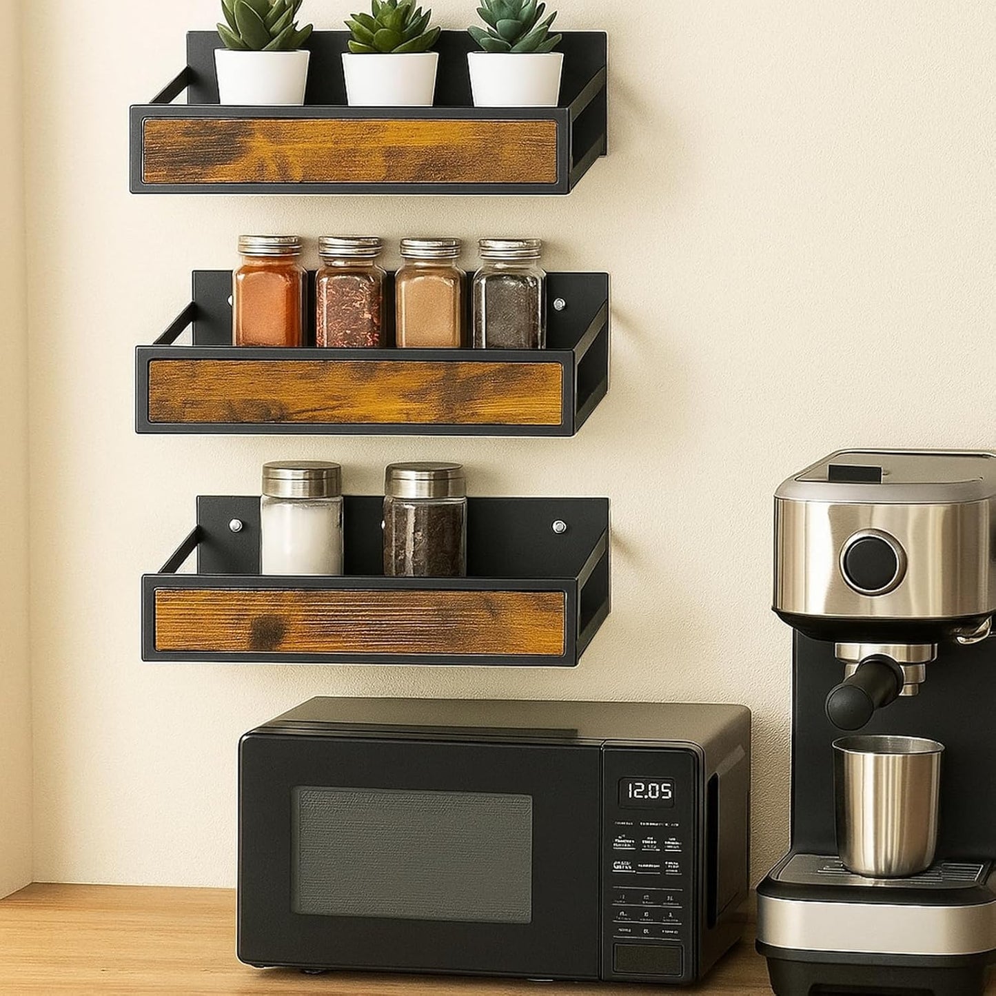 Spice Rack Wall Mount 6 Pack, Space-Saving Seasoning Organizer,Screw or Adhesive Hanging Spice Rack Organizer for Kitchen Cabinet and Wall (Engineered Wooden)