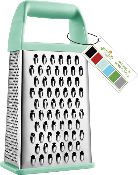 Spring Chef Professional 10" Stainless Steel Parmesan Cheese Grater with Handle, 4 Sided Handheld Box Grater, Kitchen Potato Shredder for Hash Browns, Hard Cheese, Ginger, Vegetables, Carrot - Mint