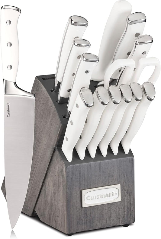 Cuisinart 15-Piece Knife Set with Block, High Carbon Stainless Steel, Forged Triple Rivet, White/Charcoal Gray C77WTR-15PCG