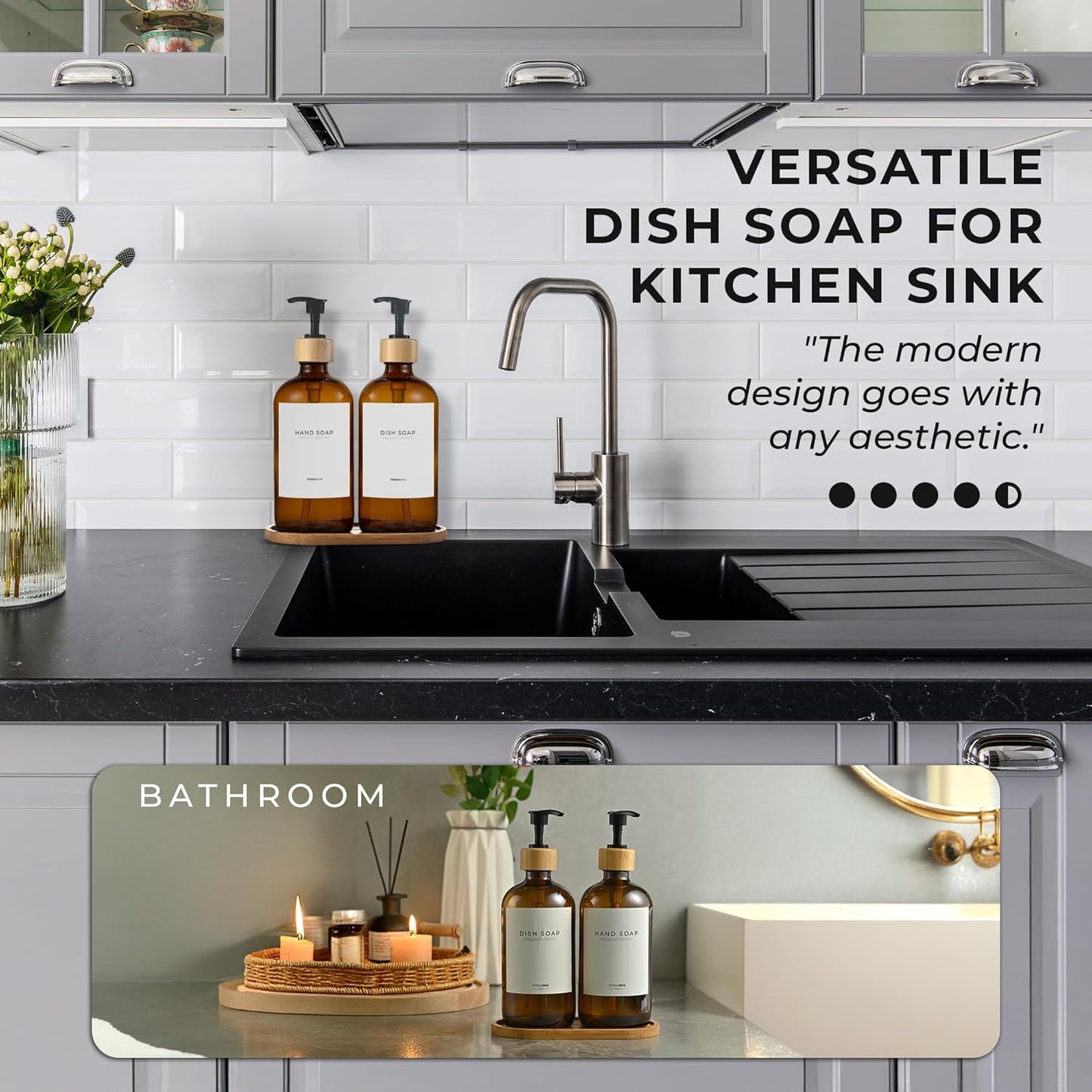 Maisonovo Glass Soap Dispenser Bathroom Set | Hand Soap and Dish Soap Dispenser Set | 16.9oz Amber Bottles with Black Bamboo Pump | Bathroom Lotion Dispenser with Pump Set of 2