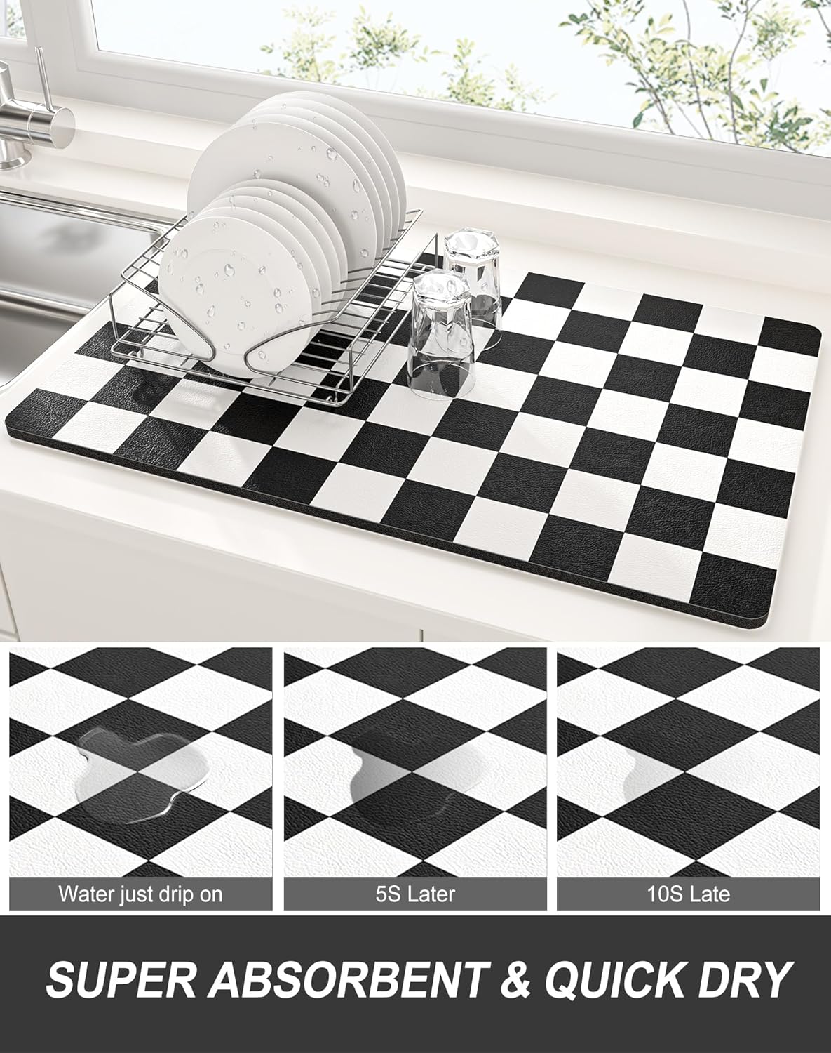 Rnivvi Dish Drying Mat for Kitchen Counter, 12 x 19" Cute Checkered Absorbent Draining Pad, Non-Slip Heat Resistant Coffee Bar Mats for Coffee Machine Station Accessories, Black White Dish Rack Pad