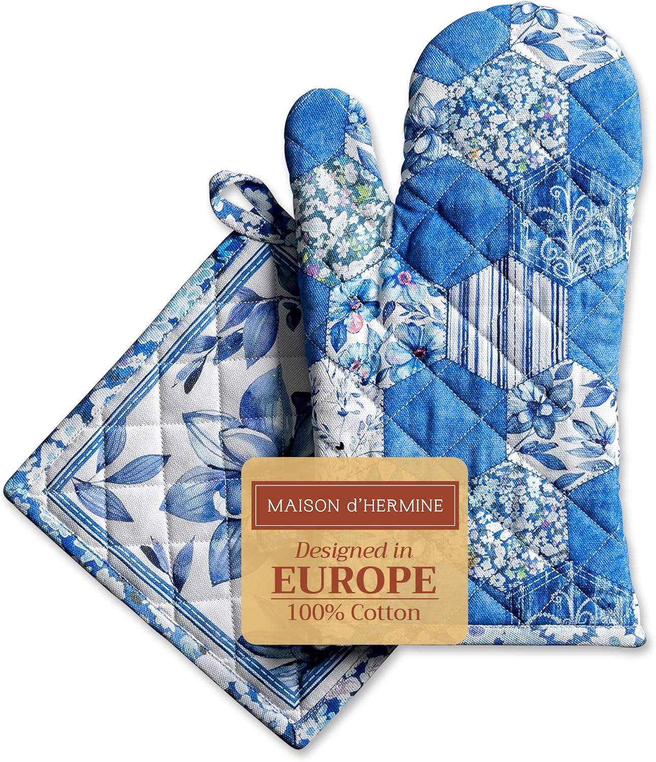 Maison d' Hermine 100% Cotton Oven Mitt & Pot Holder Set (7.5"x13" & 8"x8") Heat Resistant BBQ Cooking Gloves with Loop, Baking, Grilling, Kitchen, Handling Hot Pans Spring/Summer (Summer Blues)