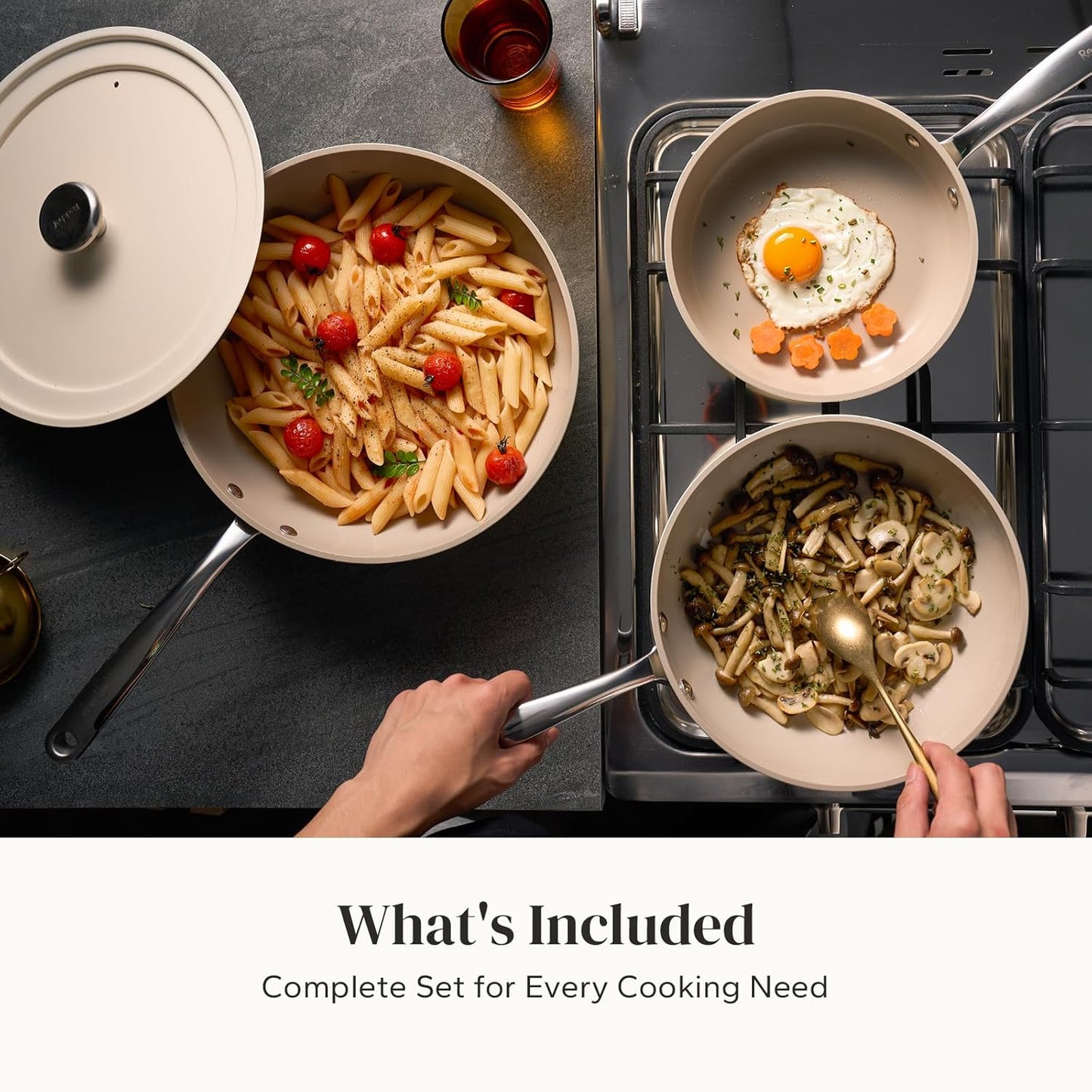 Redchef Nonstick Frying Pans Set, 4-Piece Ceramic Frying Pan, 8" 9.5" 11" Saute Pan Skillet, Non Toxic Ceramic Pan for Cooking, Pots and Pans, PFAS & PTFE & PFOA Free, Dishwasher & Oven Safe, Beige