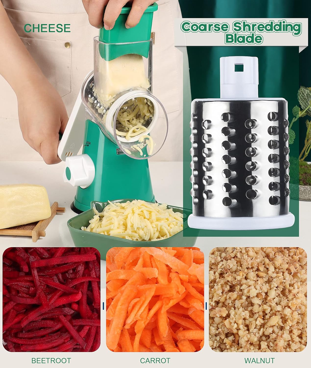 Ourokhome Rotary Cheese Grater Hand Crank, Kitchen Shredder Speed Mandolin Slicer Nut Grinder with Handle and Drum Blades for Cheese, Vegetable, Walnut, Chocolate, Potato, Carrot, 3 Blades, Emerald