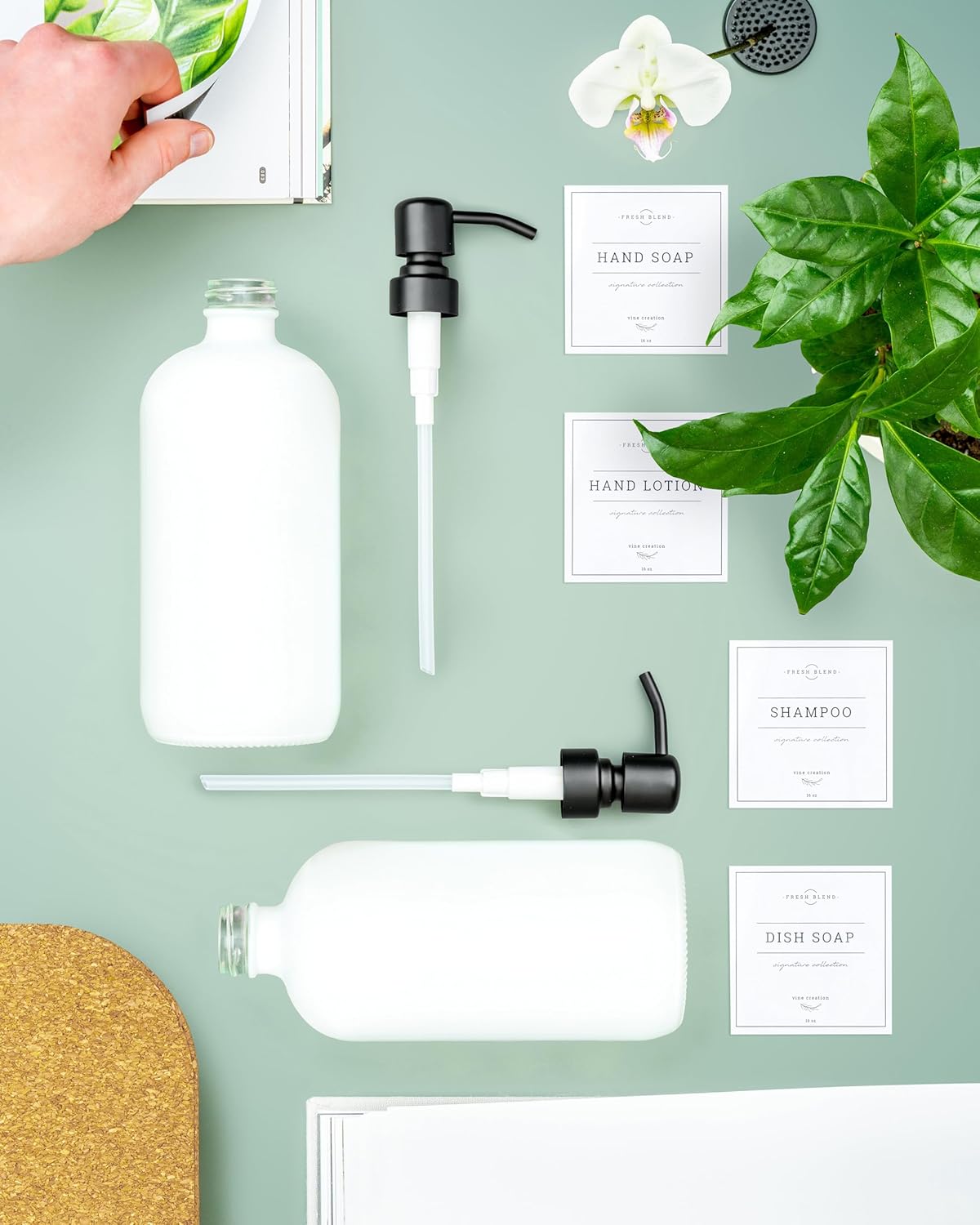 Vine Creations White Glass Soap Dispenser, 2 Pack Kitchen Soap Dispenser Set with Stainless Steel Pump, 16 oz Dish Soap and Hand Soap Dispensers for Bathroom with Waterproof Labels