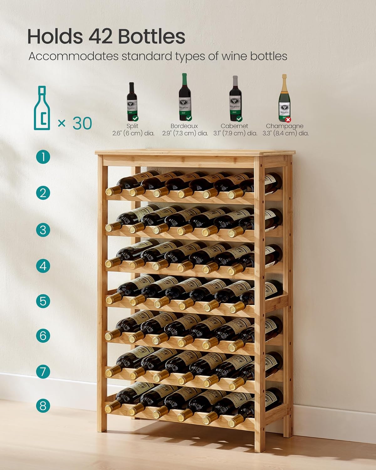 SONGMICS 42-Bottle Wine Rack Free Standing Floor, 7-Tier Display Wine Storage Shelves with Table Top, Bamboo Wobble-Free Bottle Holder for Kitchen Bar Dining Room Living Room, Natural UKWR27NL