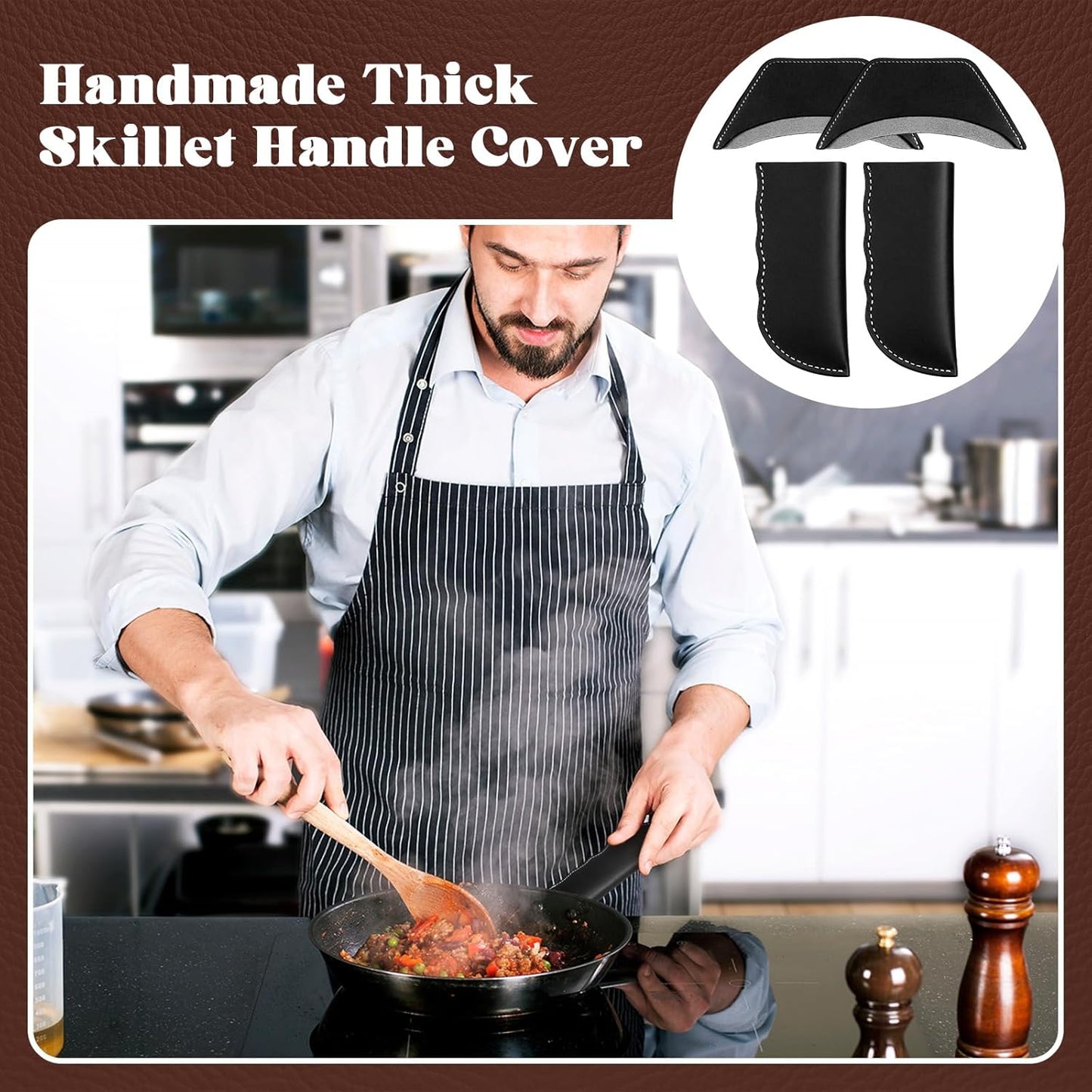 Baderke 4 Pcs Leather Cast Iron Handle Cover Handmade Leather Heat Resistant Skillet Handle Set Pot Holder for Hot Frying Pans, Pots(Black)