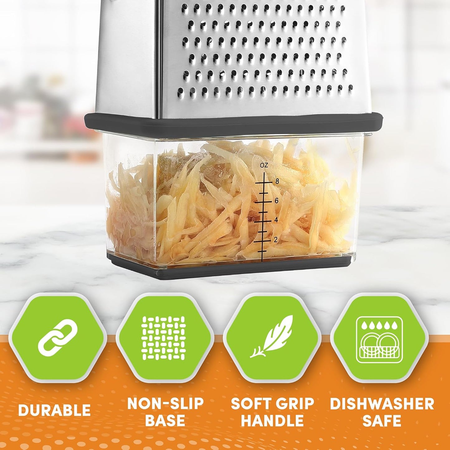 Spring Chef Professional Gray 10" Parmesan Cheese Grater With Container, Stainless Steel & Soft Grip Handle, 4 Sided Kitchen Carrot Shredder, Handheld Box Grater for Potato, Veggie, Ginger, Hashbrown