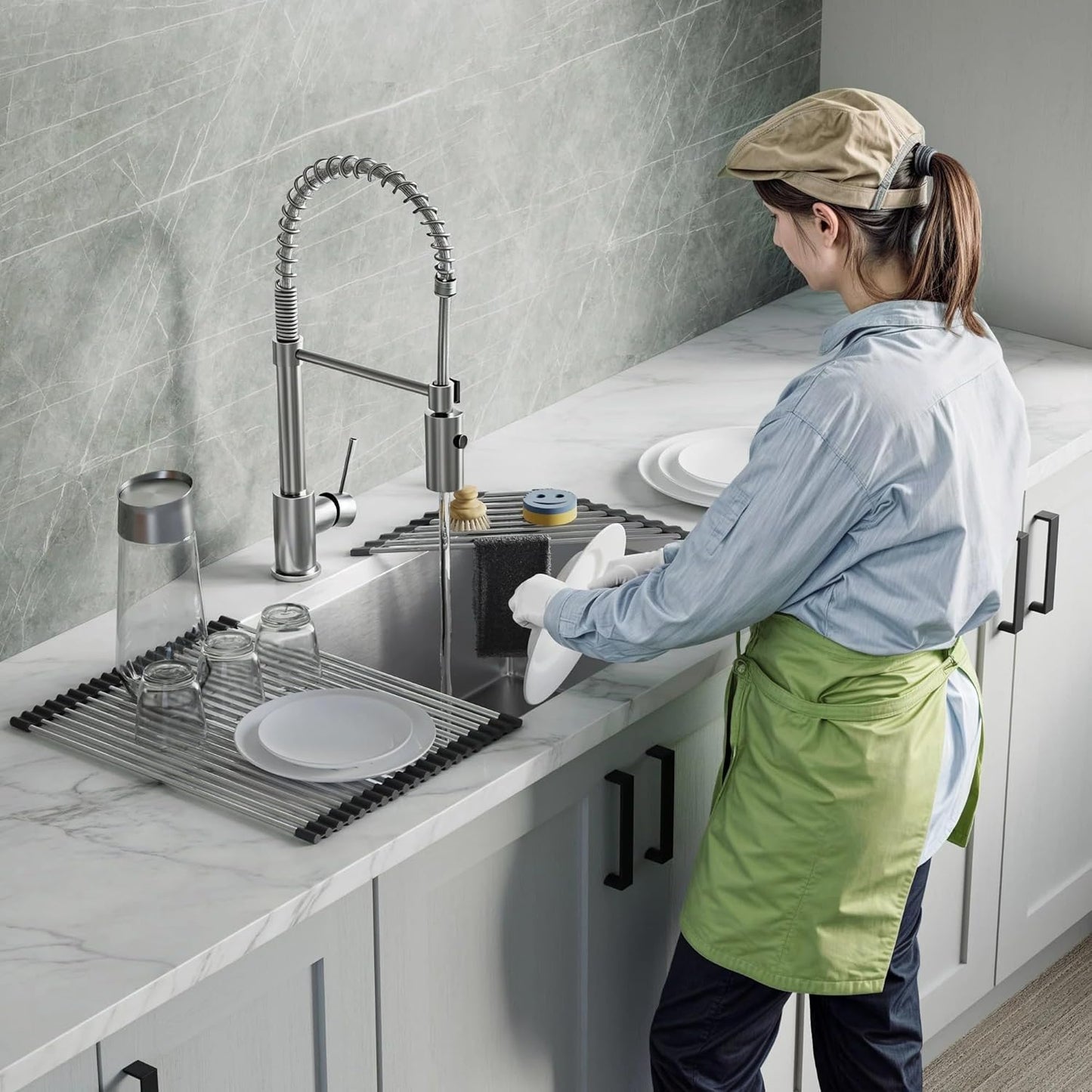 Dowell Over The Sink Roll-Up Dish Drying Rack, Foldable Tube Design, Space Saving Sink Organizer, Sturdy, Easy to Clean, Stylish Look - Triangle+Rectangular - Stainless Steel