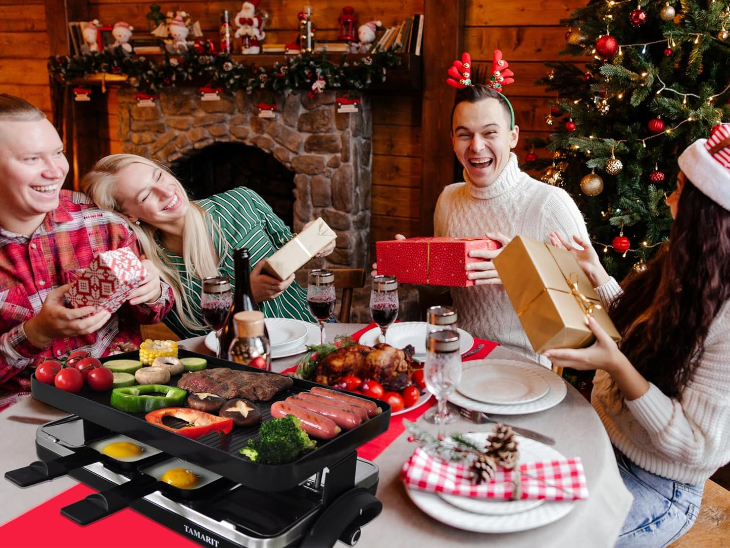 TAMARIT Classic 8 Person Raclette Grill 1500W Electric Tabletop Grill with Reversible Plate, 8 Non-Stick Raclette Trays & Spatulas Indoor Portable Korean BBQ Barbecue Grill, Party Grill Black