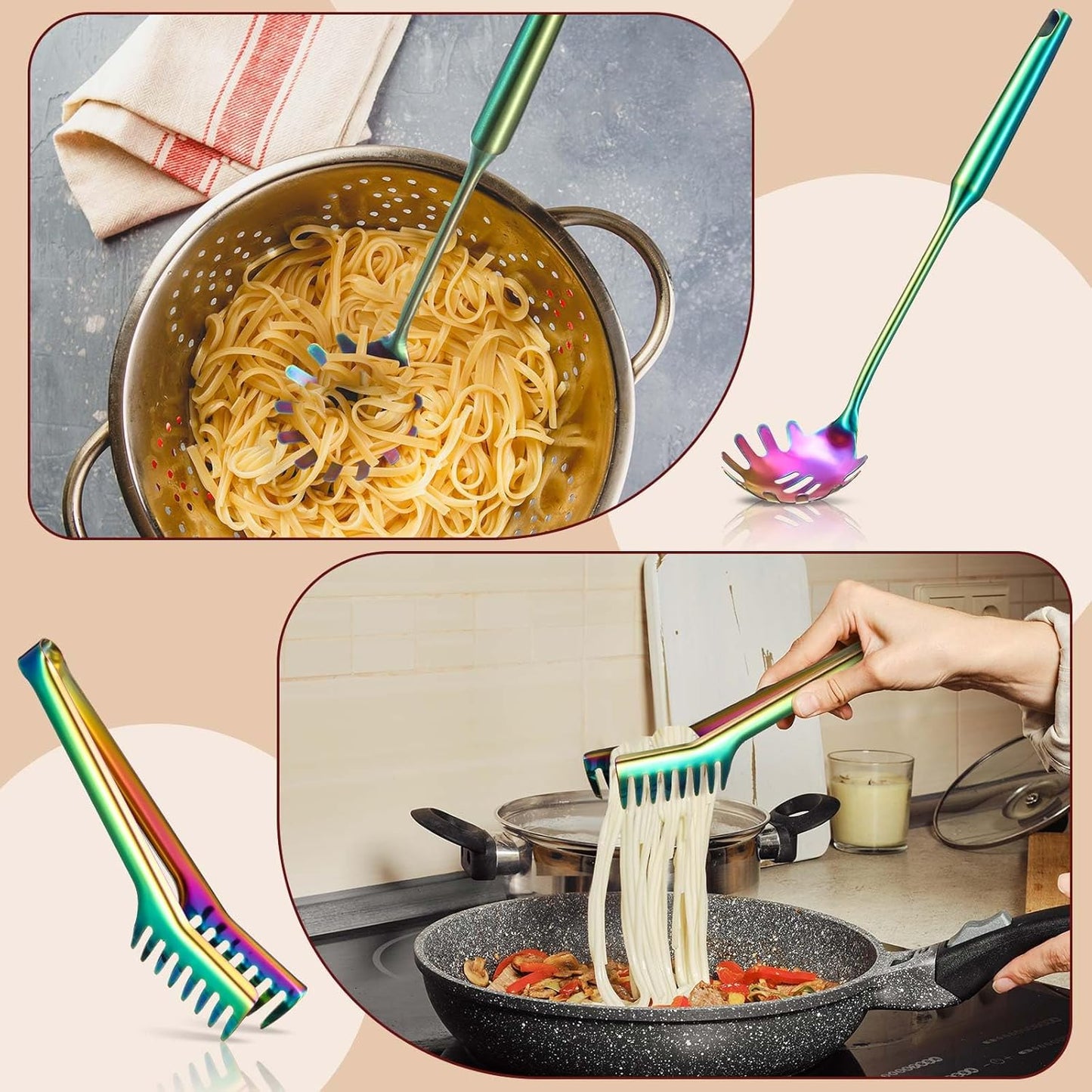 Patelai 2 Pcs Stainless Steel Pasta Spoon with Teeth Large Spaghetti Utensil, 9.4'' Tong and 13.6'' Pasta Fork with Vacuum Handle, Comfortable Grip Design Spoons for Kitchen(Colorful)