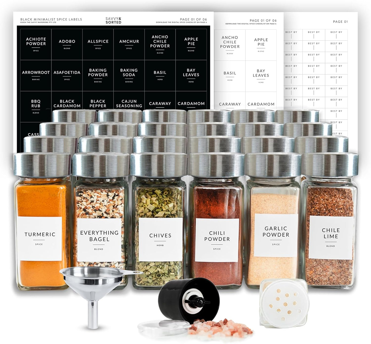 SAVVY & SORTED Glass Jars with 24PK 4oz Containers for Herbs and Seasonings – Includes Pepper Grinder, 374 Labels, Funnel, Shaker Lids & Empty Bottles