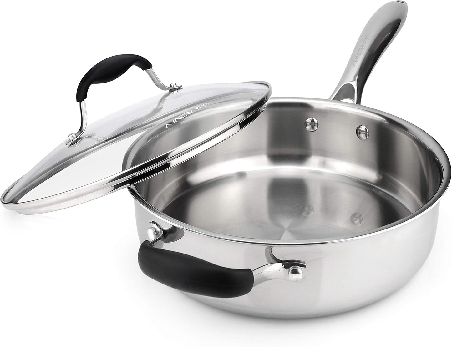 AVACRAFT 18/10 Tri-Ply Stainless Steel Saute Pan with Lid, Helper Handle, Induction & Stovetop, Versatile Stainless Steel Skillet, Cookware (3.5 Quarts)