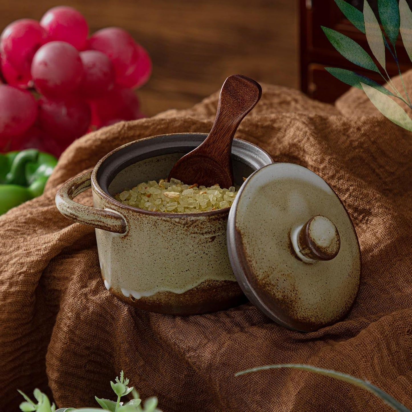 Honeydak Speckled Ceramic Salt Cellar with Lid and Wooden Spoon, Rustic Farmhouse Salt Pepper Cellar Holder for Housewarming Gift, Heavyweight Spices Jar for Kosher, Sea, Sugar(Retro Color)