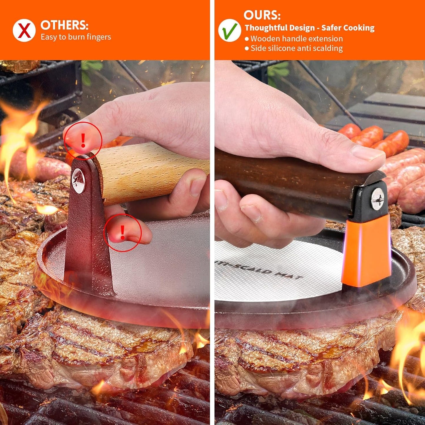 GGC Smash Burger Press, Cast Iron Bacon Press for Hamburger, Steak, Bacon, Sandwiches, 7" Round Meat Press with Wooden Handle for Grill and Griddle Cooking(10Pcs Patty Paper)