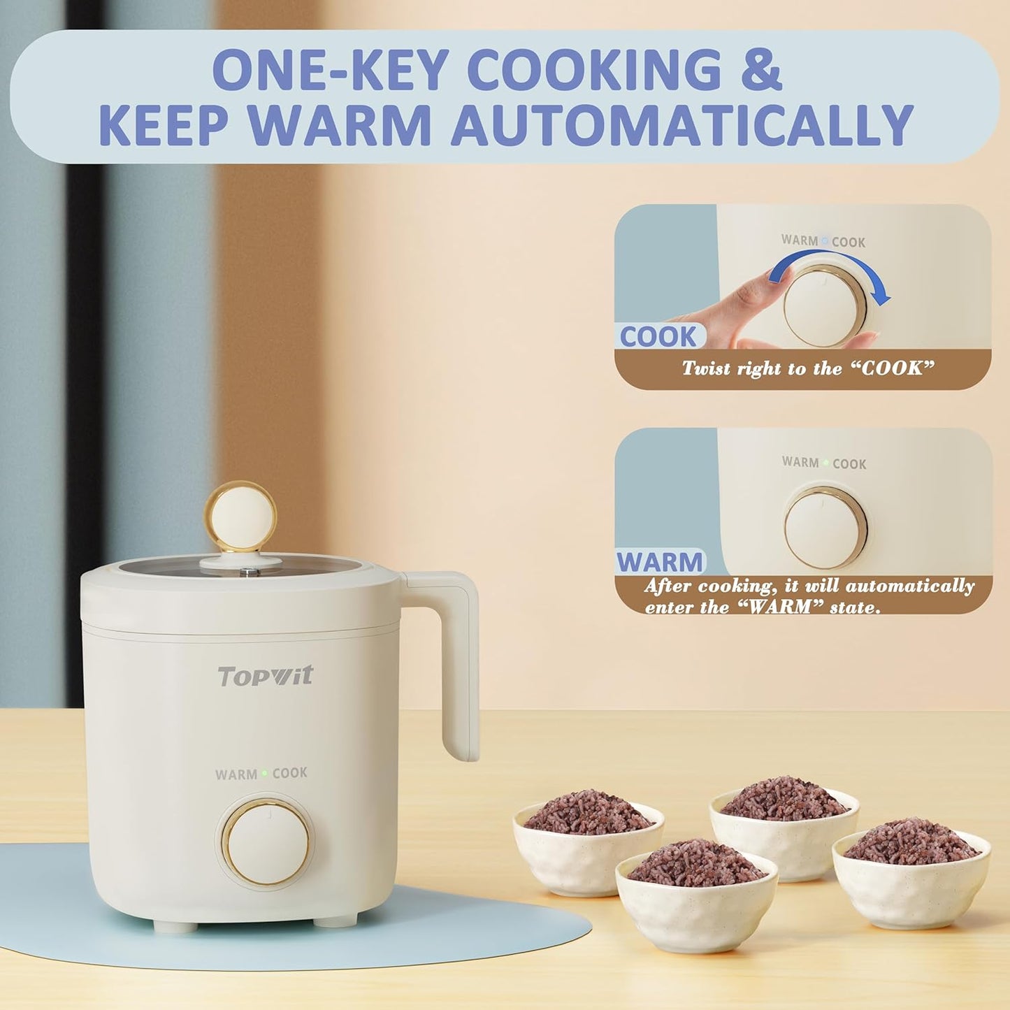 TOPWIT Rice Cooker Small, Mini Rice Cooker 2 Cups Uncooked, 1.2L Portable Rice Maker with Non-stick Coating, BPA Free, One Touch & Keep Warm Function, Beige