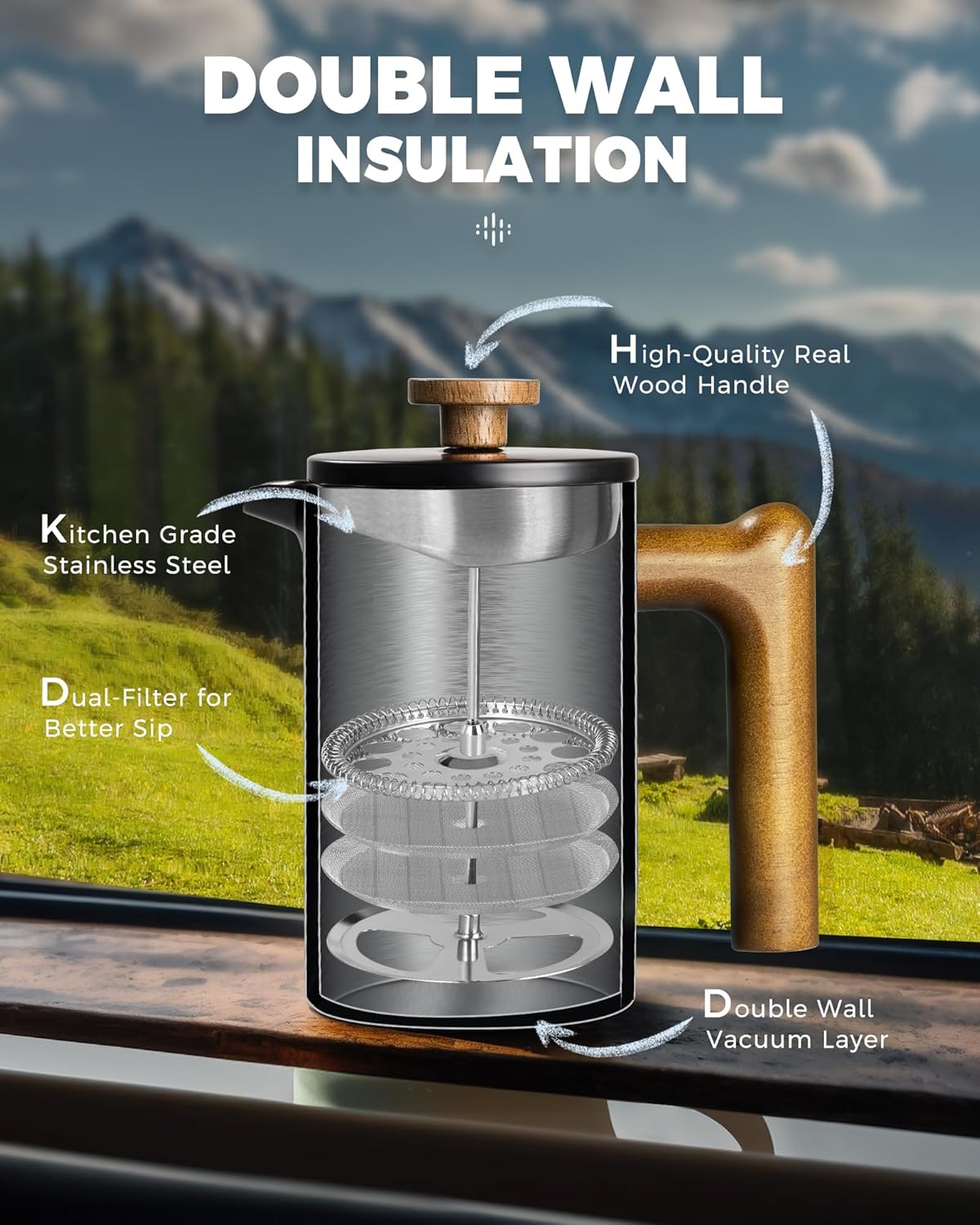 POLIVIAR French Press Coffee Maker, 21 oz Coffee Press with Real Wood Handle, Double Wall Insulation & Dual-Filter Screen, Food Grade Stainless Steel for Good Coffe and Tea, JX2024-SFPB