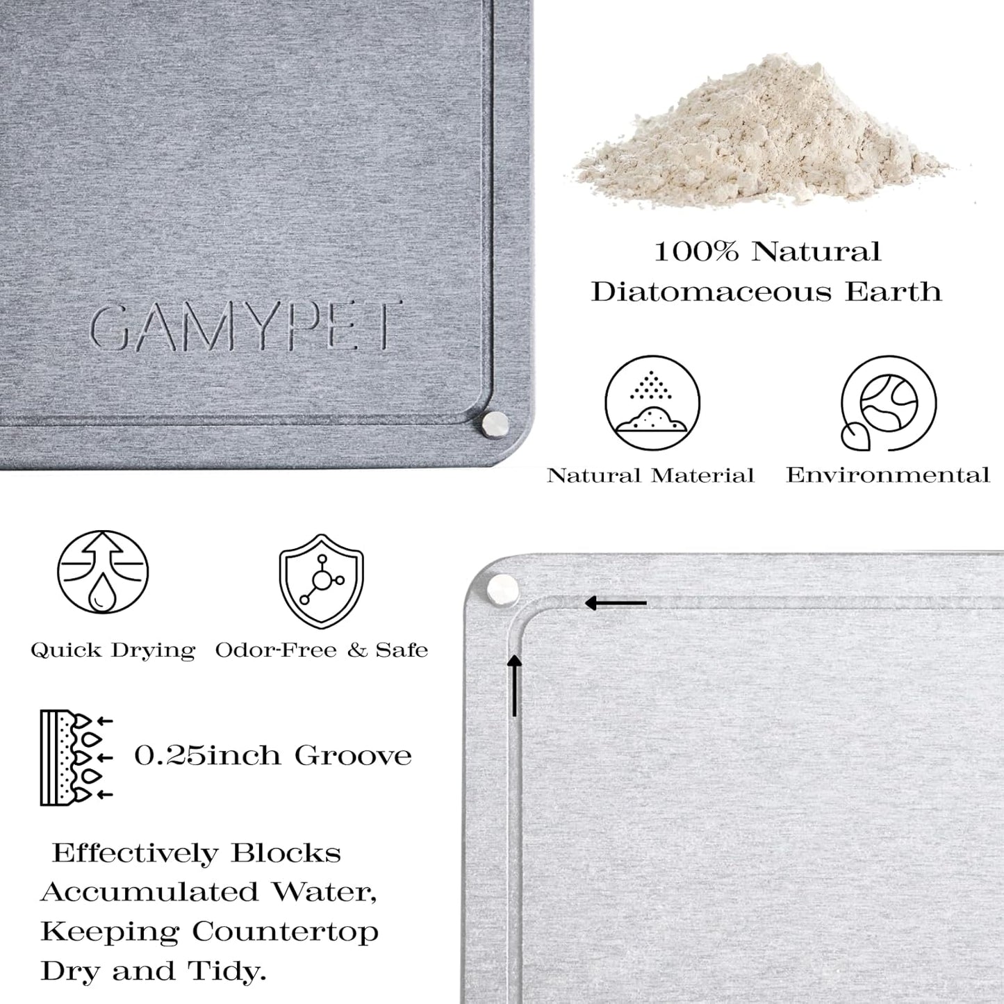 Stone Dish Drying Mat 24"×16" Large Diatomaceous Earth Dishes Quick Dry Pad for Kitchen Counter with Heighten Stainless Steel Feet, Fits Various Countertops & Drain Bowl Racks, Dark Gray