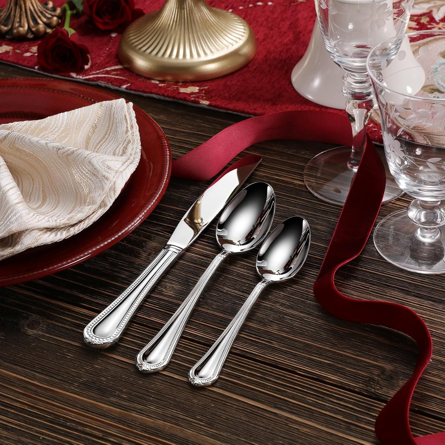 KEAWELL Pearl Edge Premium 65-Piece Refined Bead Silverware Set, 18/10 Stainless Steel, Service for 12, Fine Flatware Set with Serving Utensils, Dishwasher Safe (65, Silver)