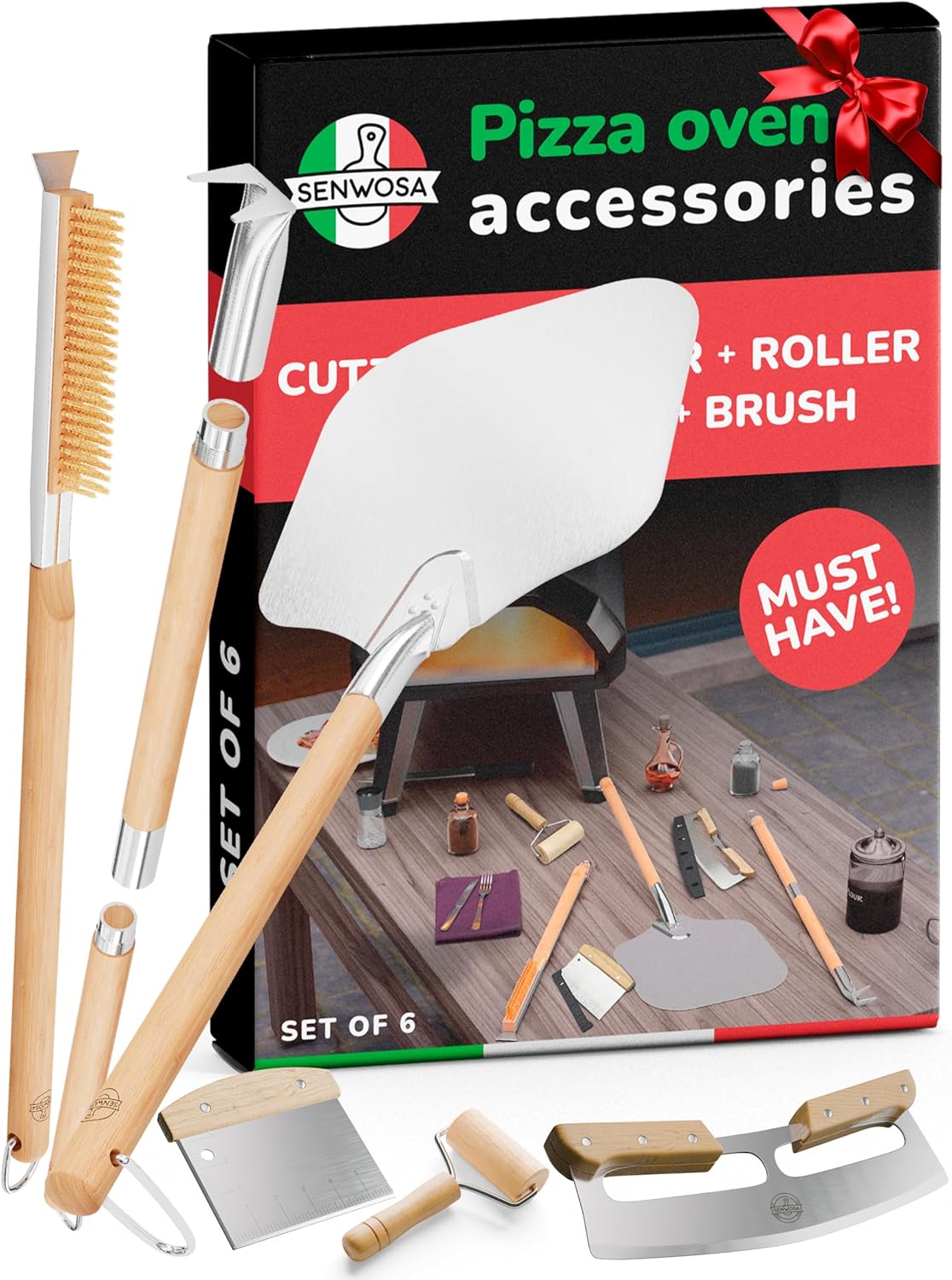 Premium Pizza Oven Accessories Kit - 6-Piece Set for Home Pizza Making: Includes Pizza Peel, Oven Brush, Bubble Popper Turner, Rocker Cutter, Dough Roller & Scraper