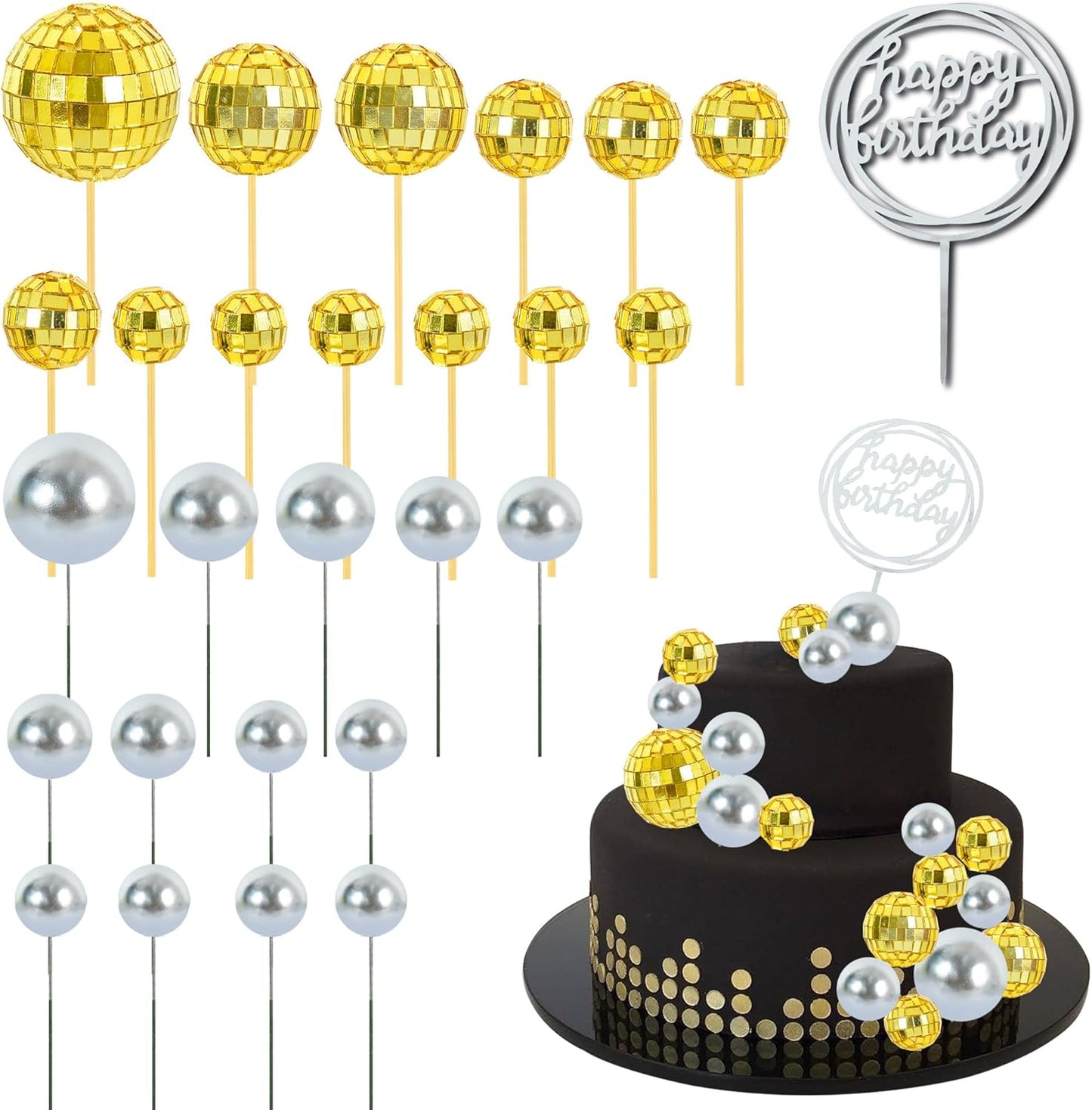 BEISHIDA 27 PCS Gold Disco Ball Cake Topper 1970s Disco Decorations Mini Ball Cake Toppers Mirror Ball Cupcake Toppers for Disco Theme Party 70s 80s Disco Party Birthday Cake Anniversary Wedding